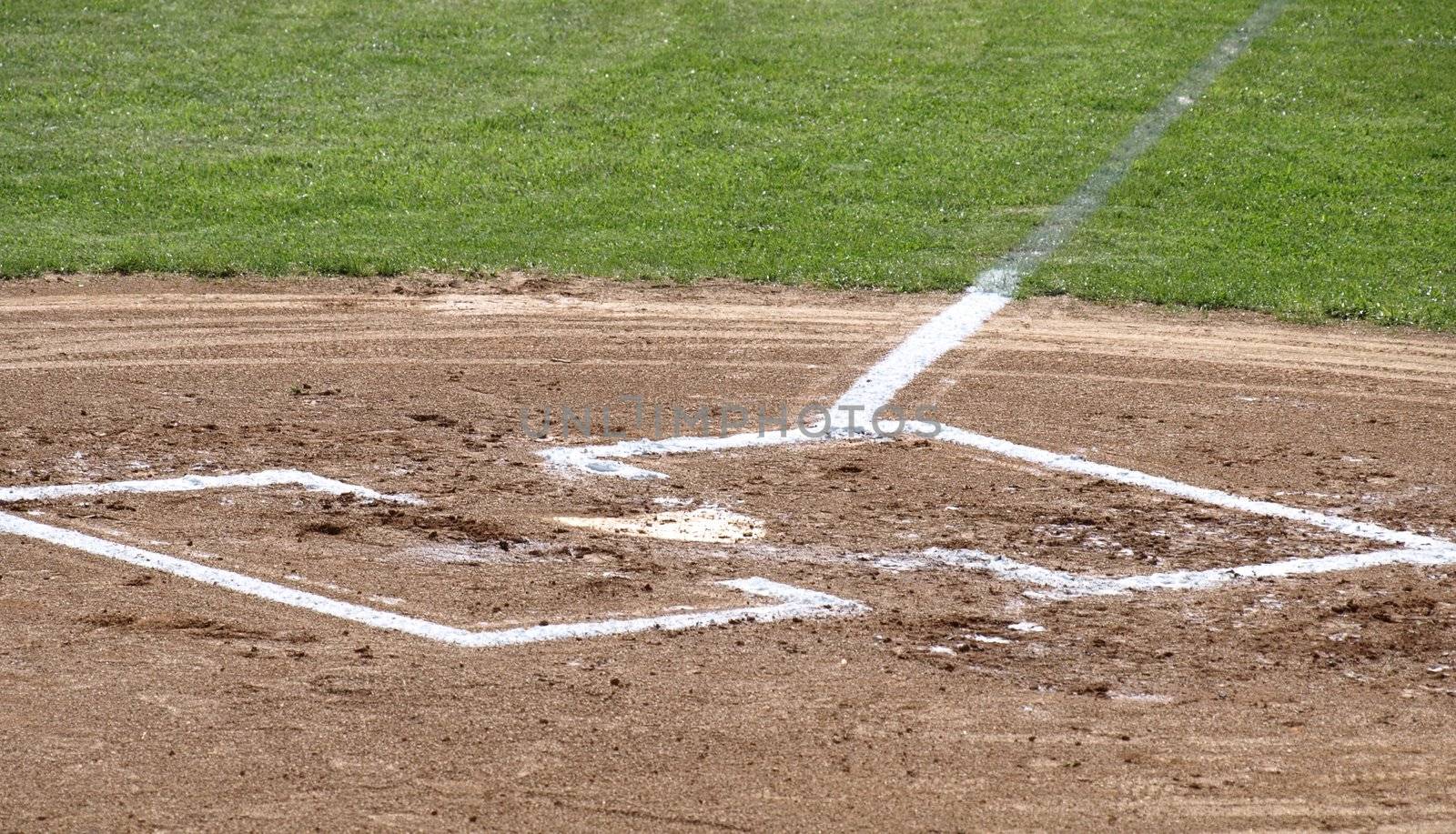 A closeup view of home plate on a baseball field