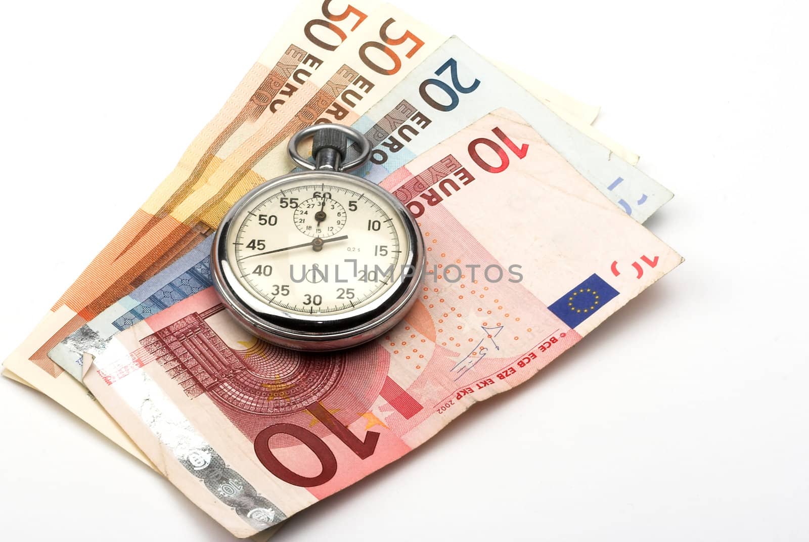 Chronometer and euro bills close up