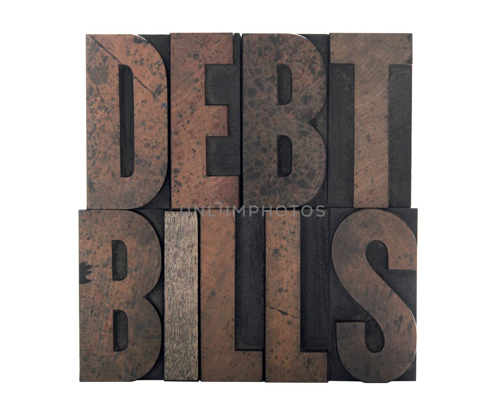 the words 'debt' and 'bills' isolated on white