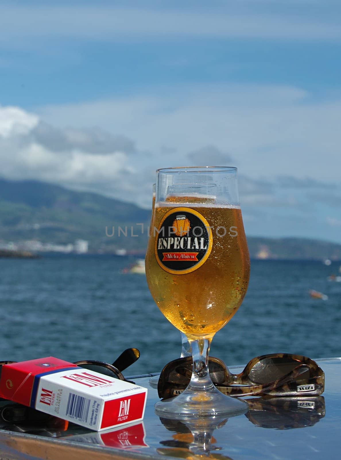 A glass of beer by the harbour, The Azores Islands, Portugal

