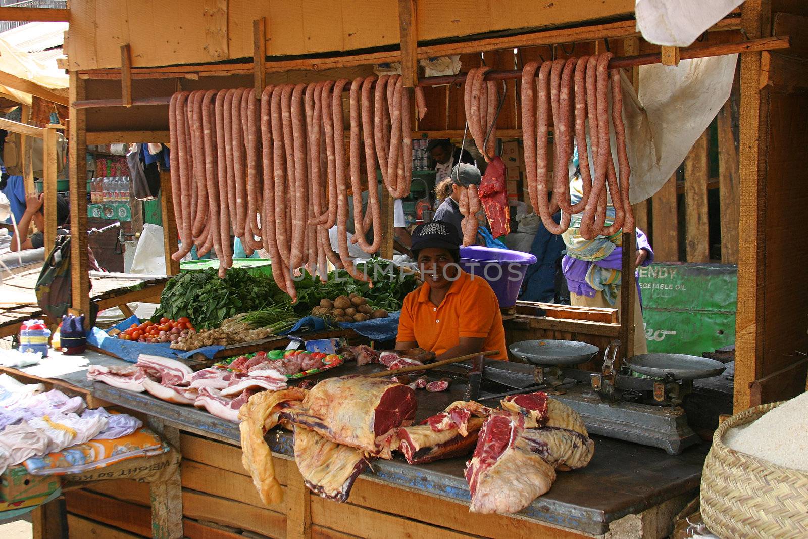 Meat stall in Madagascar where the freshly cut meat is hanging on display