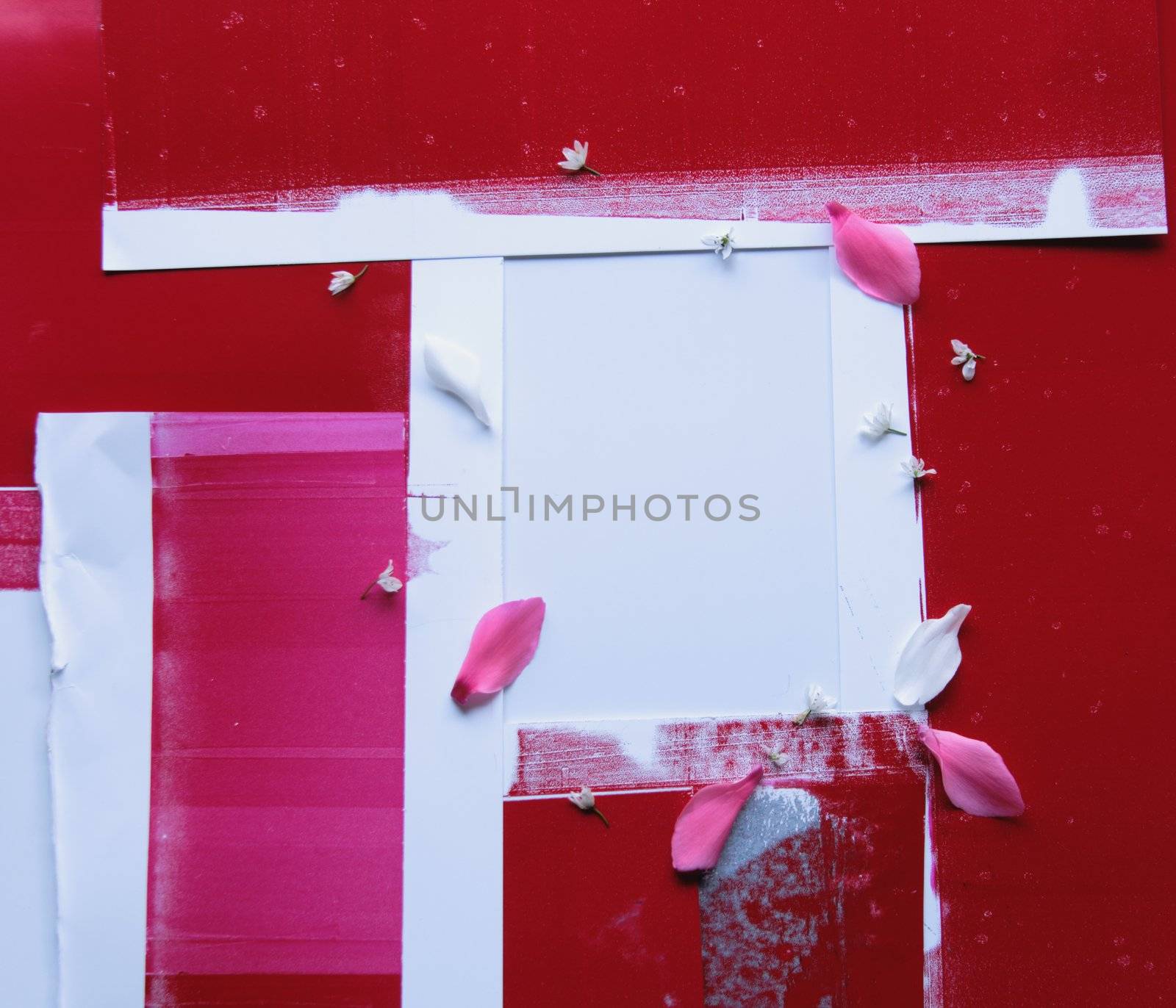 red and white collage background with pink and white flower petals and small white blossoms