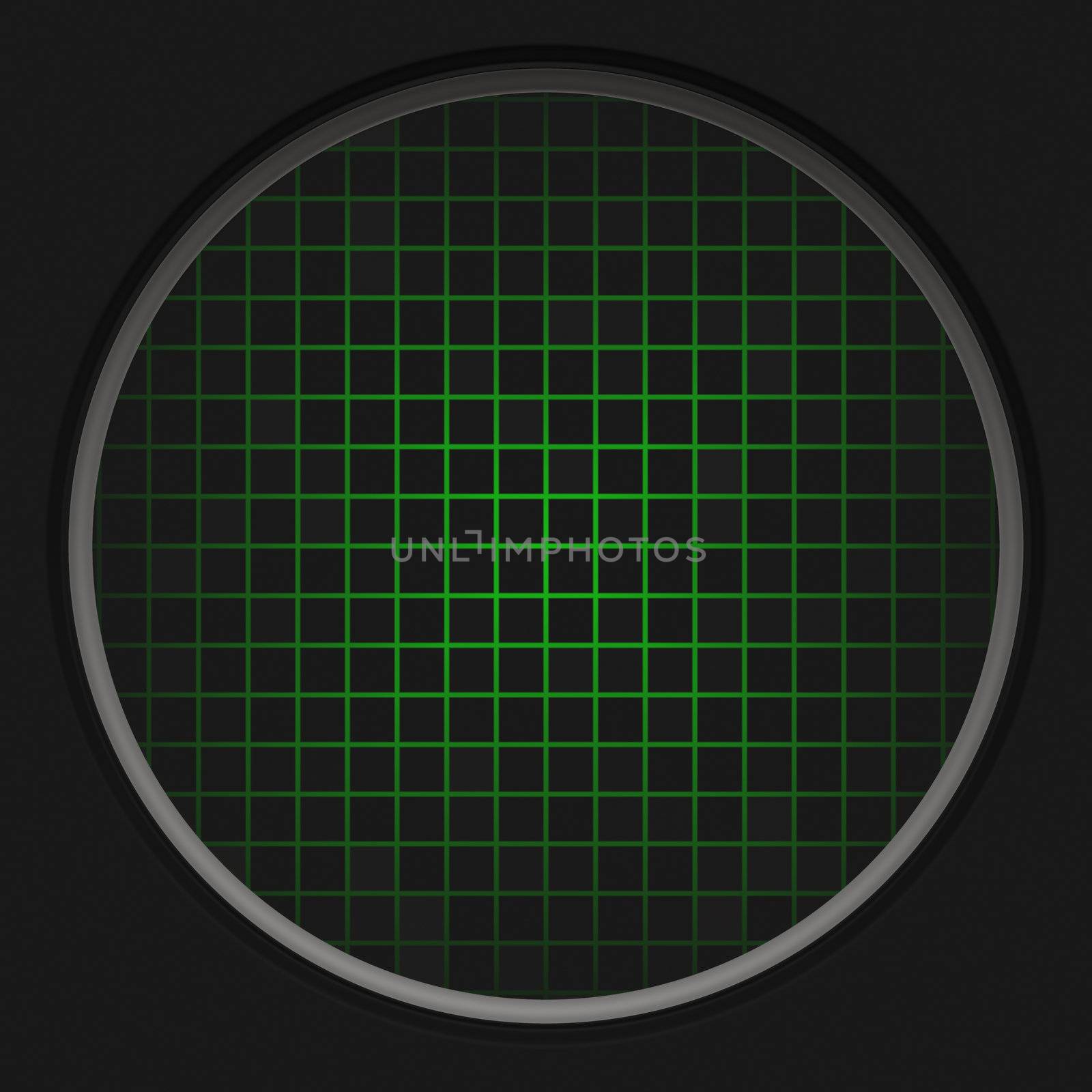 A circular radar grid background over black.
