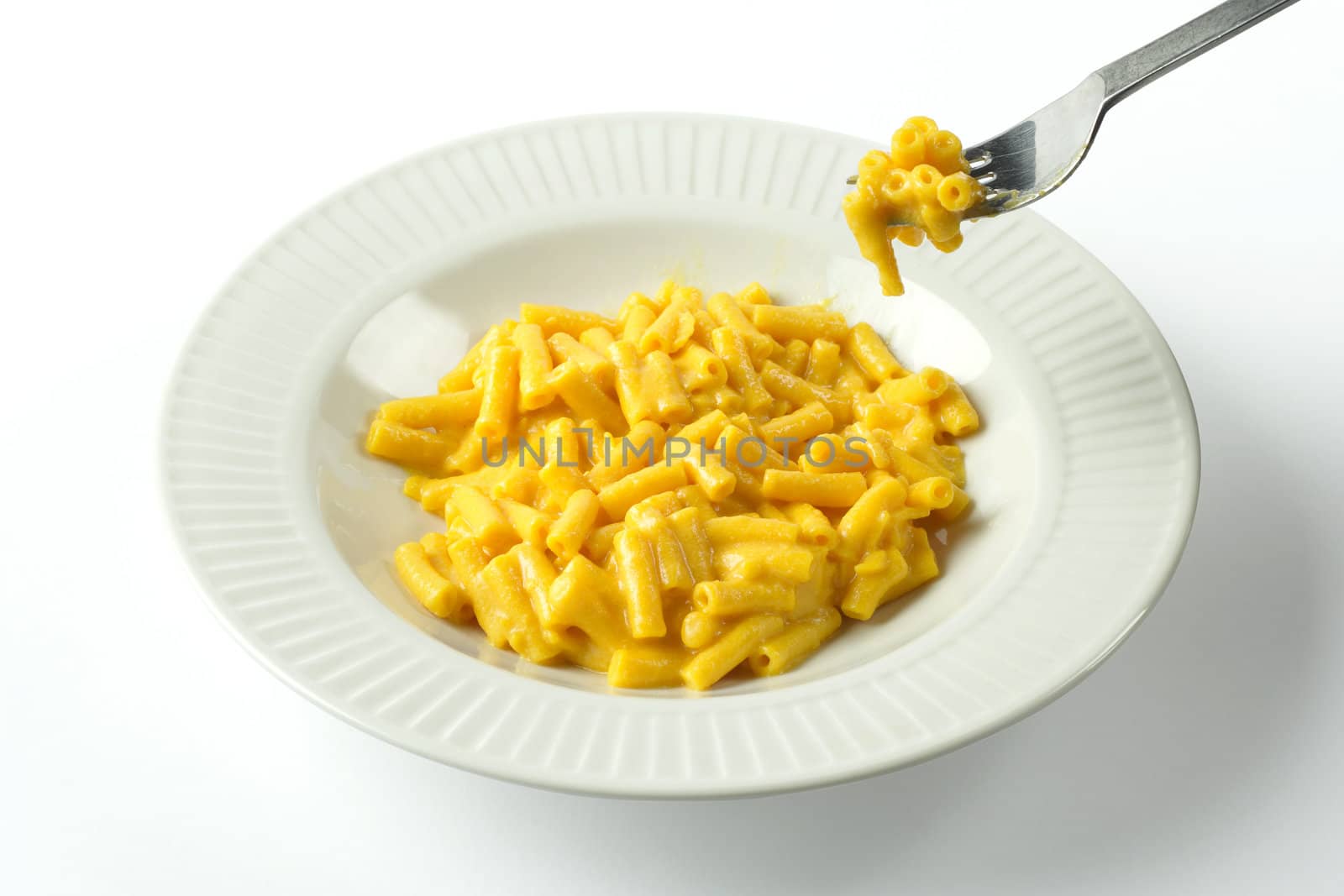 A bowl of macaroni and cheese and a forkful of pasta.
