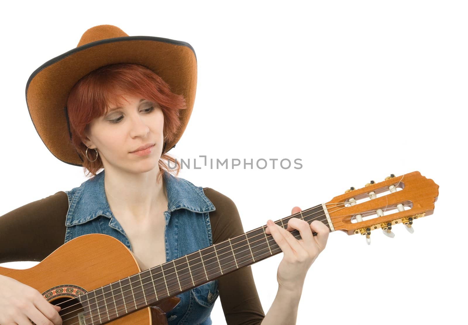 Close-up of a woman playing guitar, white background