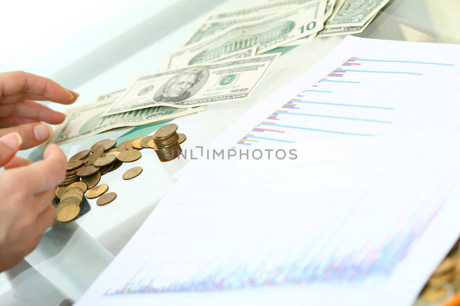 hands counting dollar money on white background