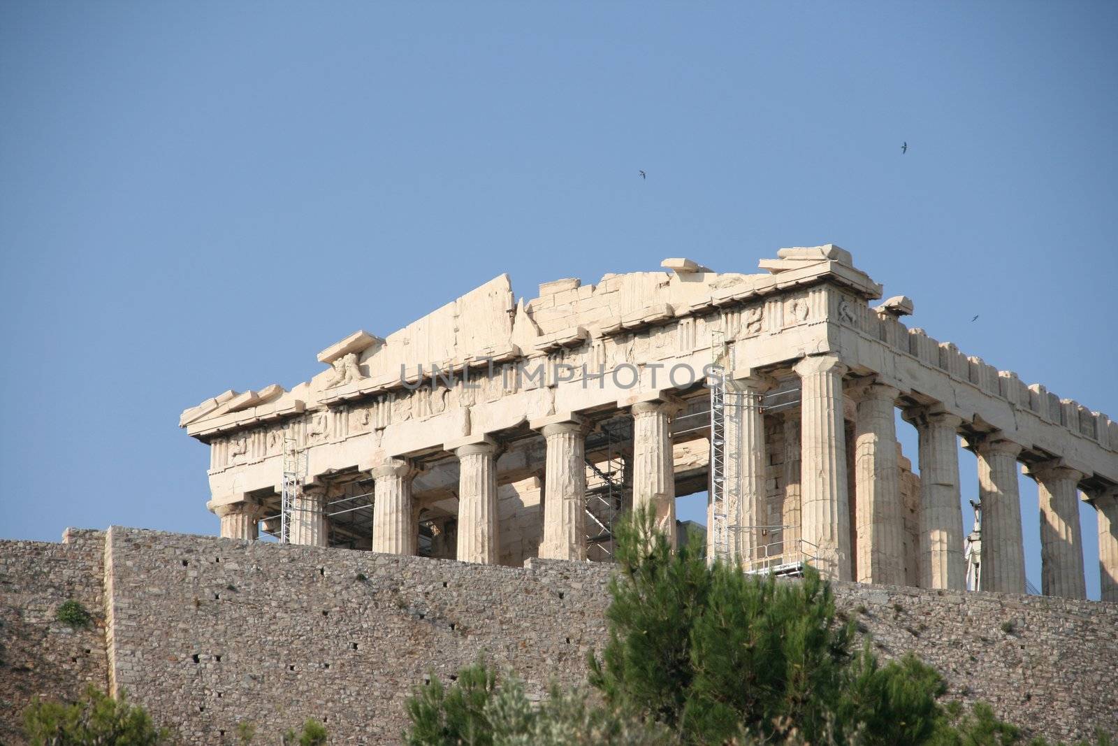 under view of parthenon and total blue sky landmarks of athens greece