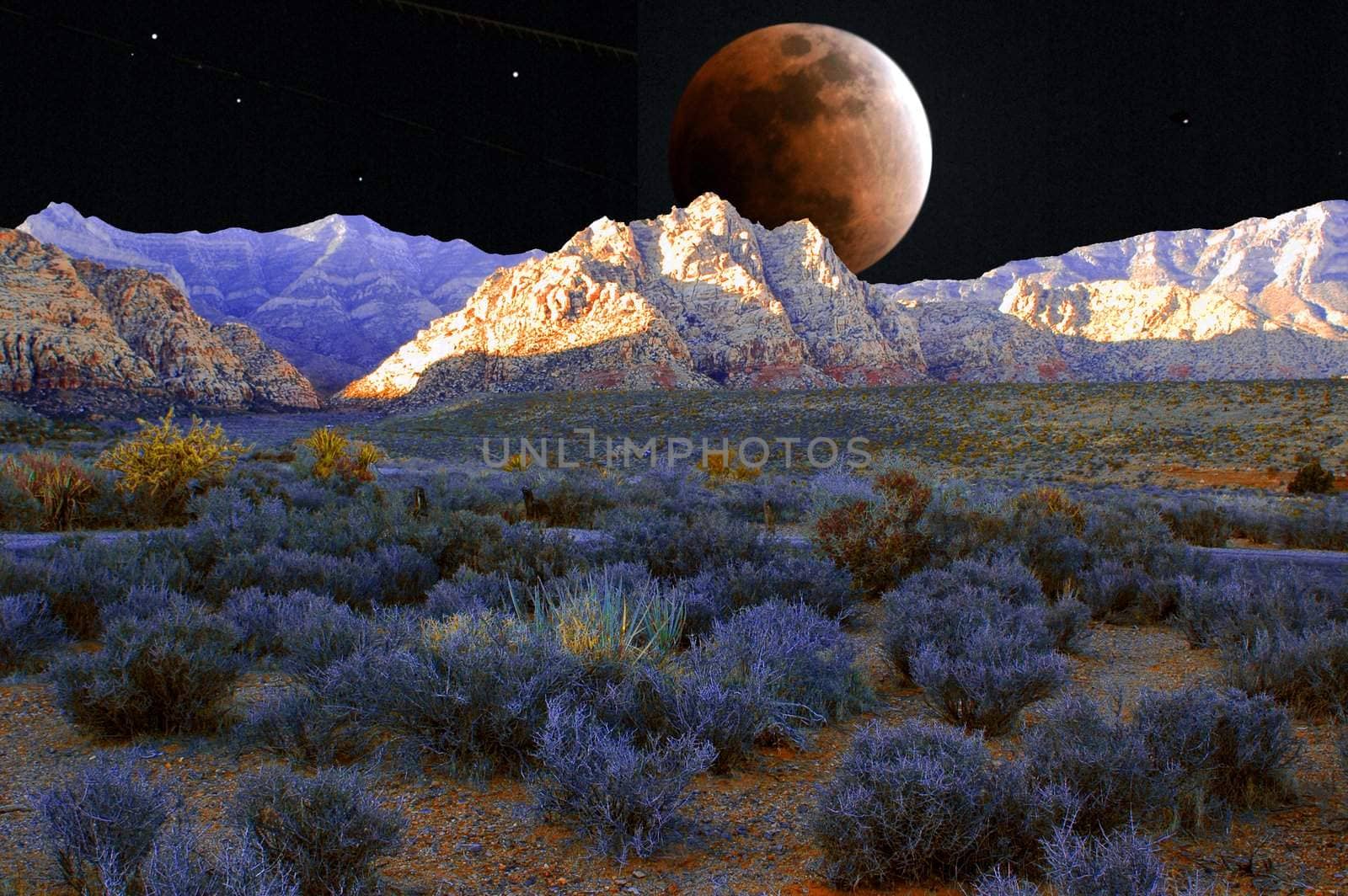 Digitally enhanced desert scene at night with lit up mountains and desert vegetation.