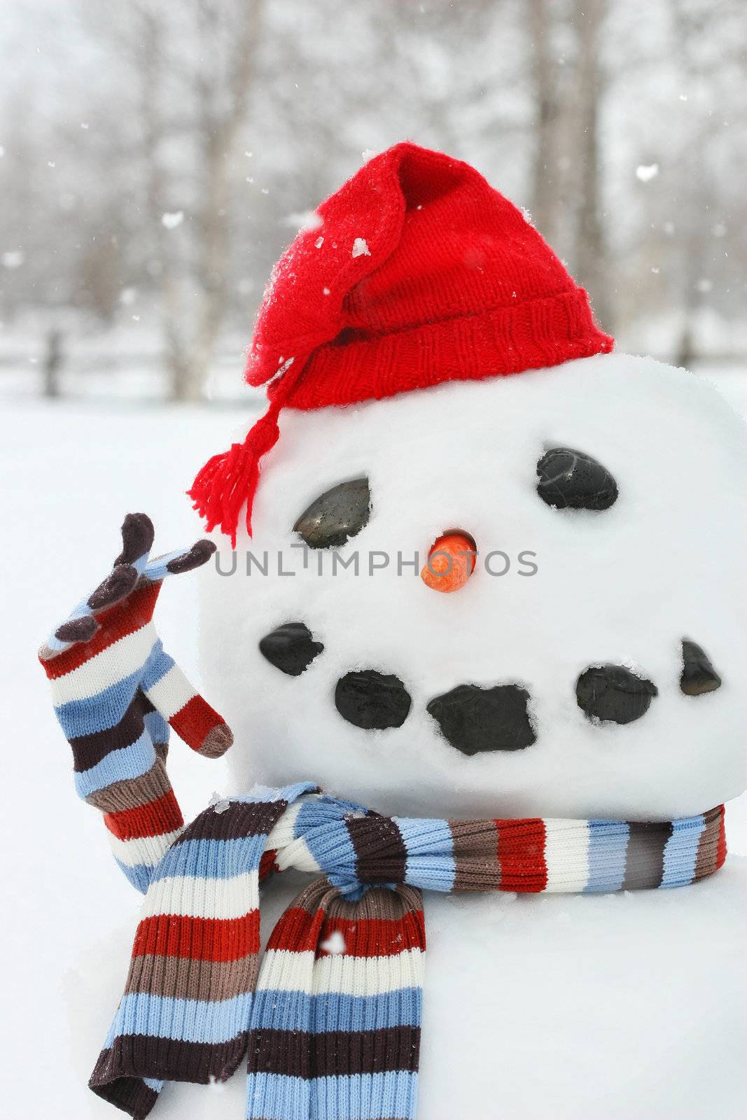 Building a snowman with red hat on a cold wintery day