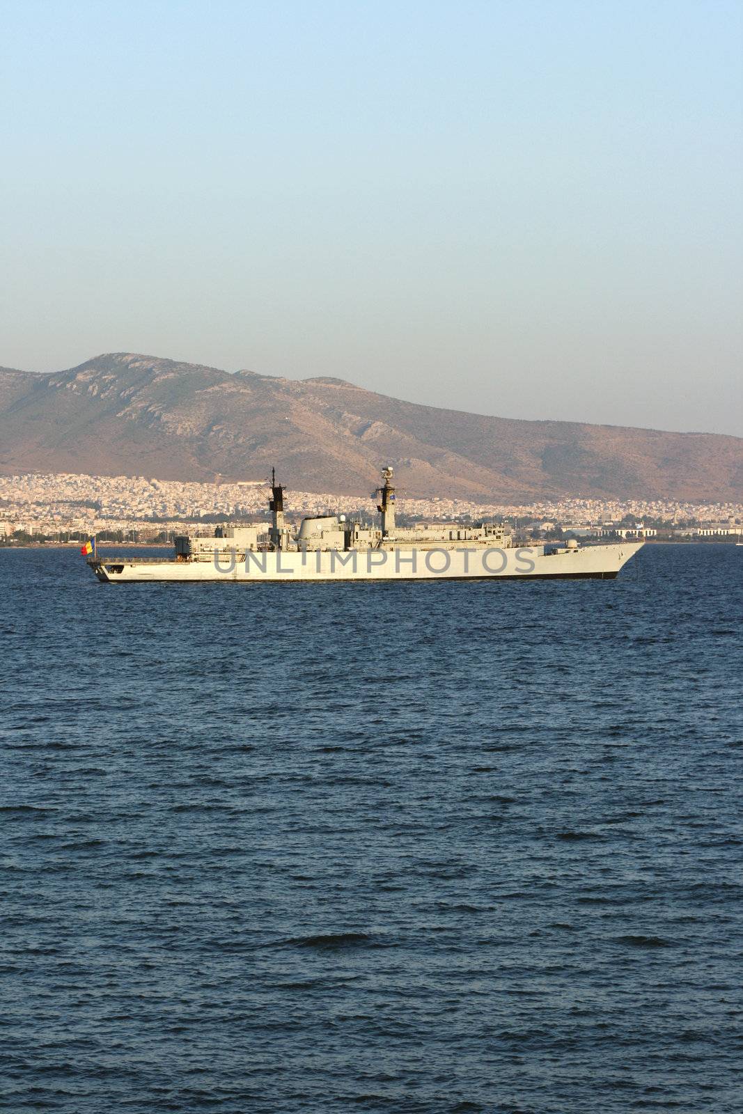 war ship in saronic gulf greece vertical