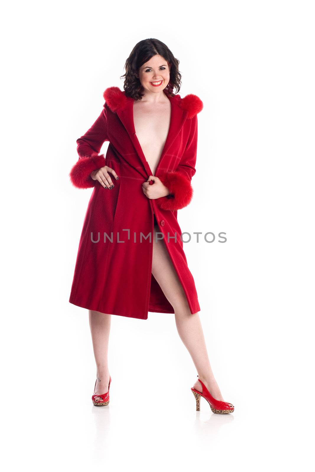 cute girl in pin-up pose in red coat by krazeedrocks