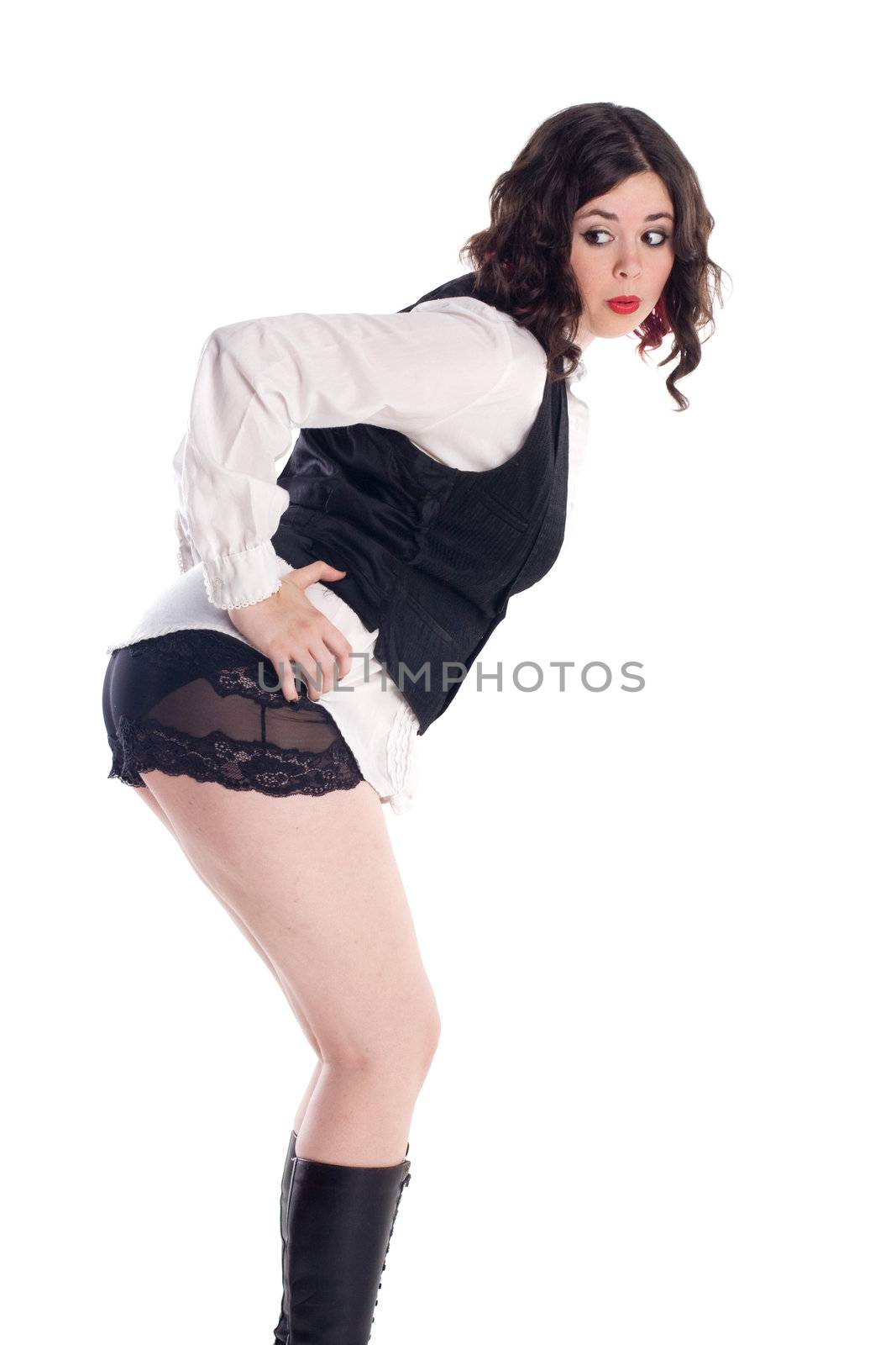cute girl in pin-up pose in vest and shorts by krazeedrocks