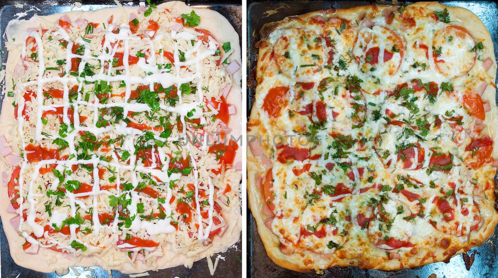 pizza before and after bake, from two shots