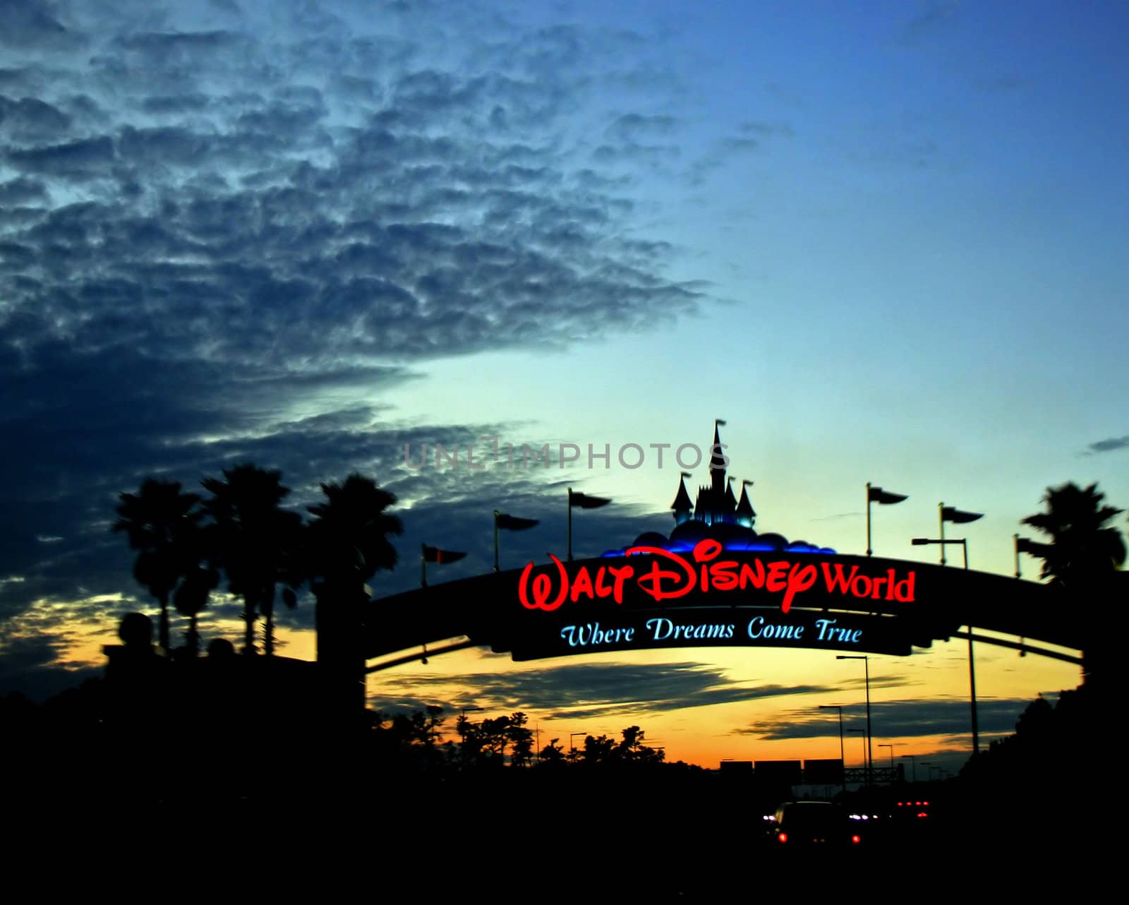 Sunset through the entrance of Disney World.