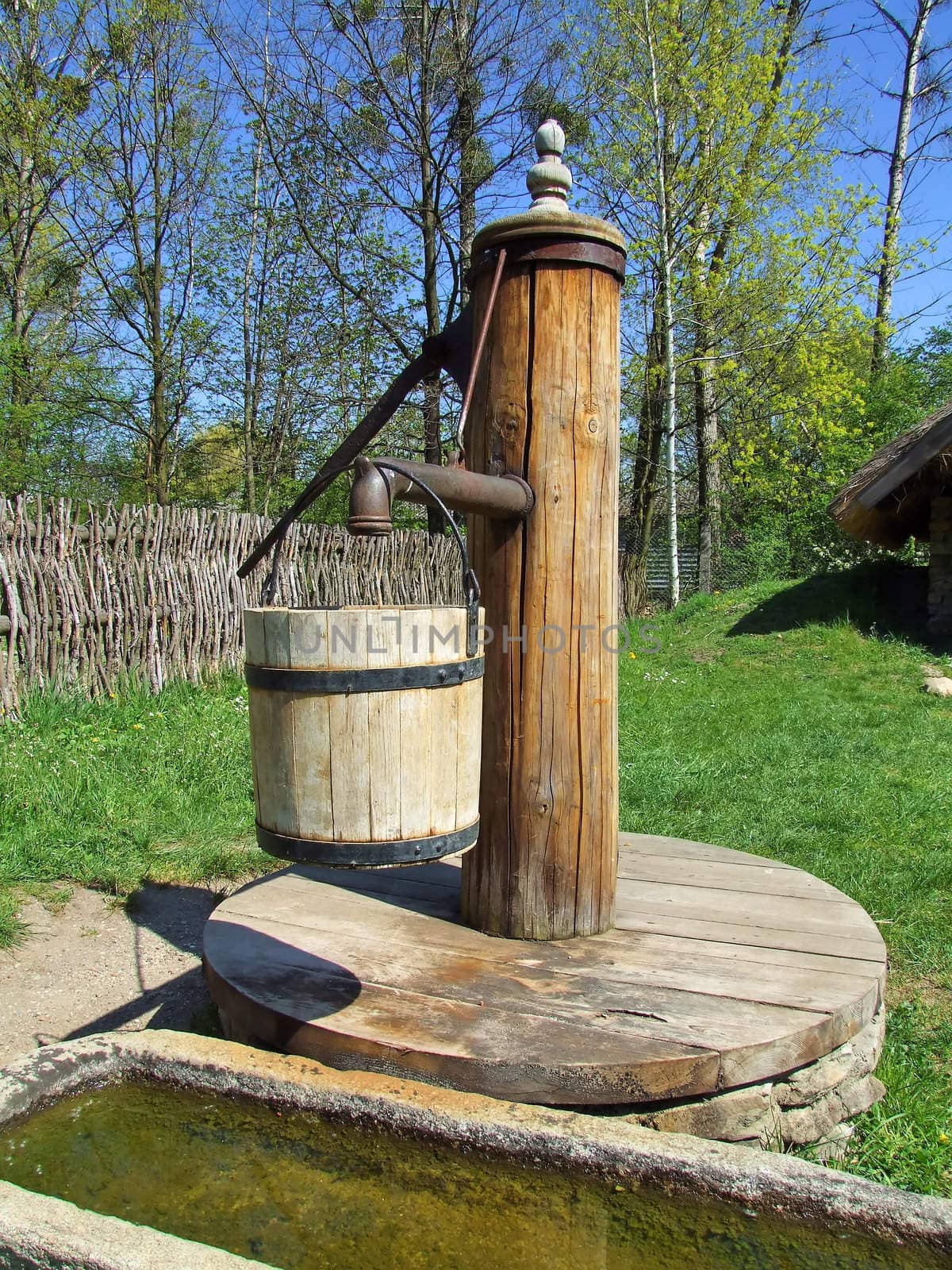 Old wooden pump in village, green grass around by anki21