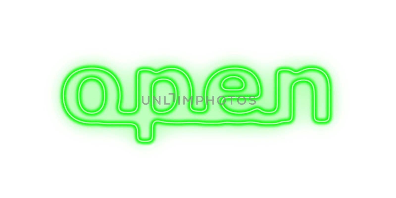 Green neon sign with the word open on white background