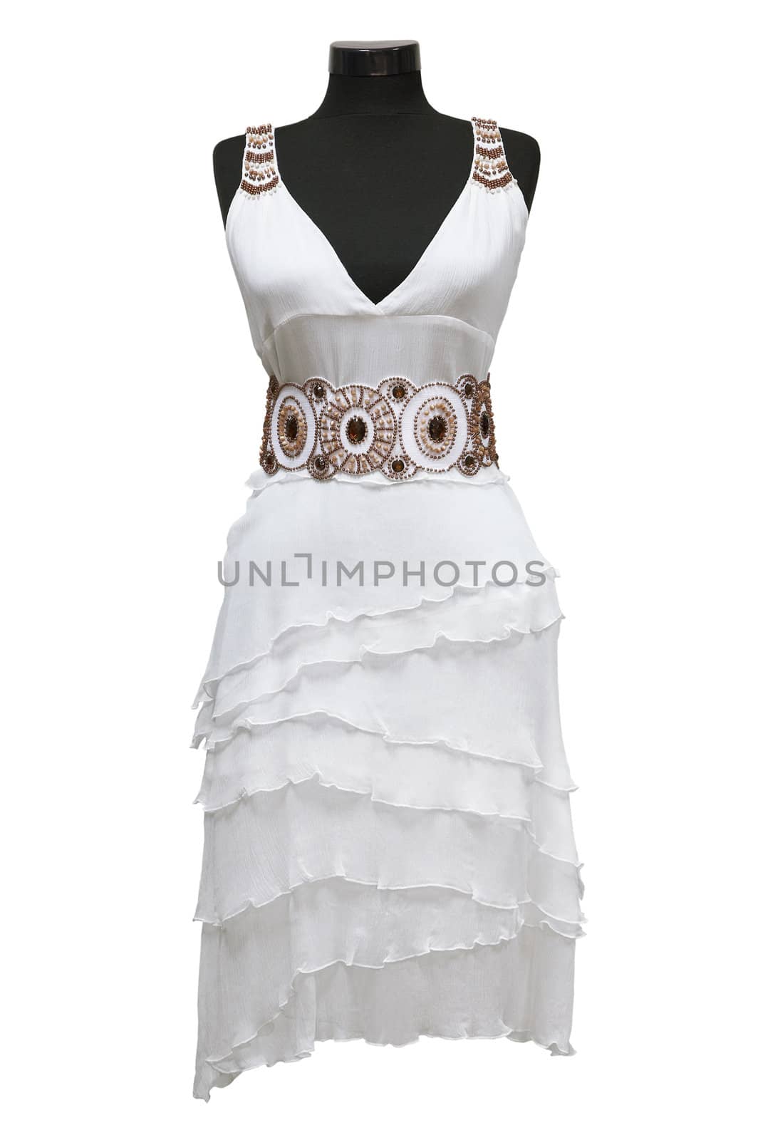 White female dress with beads on a white background