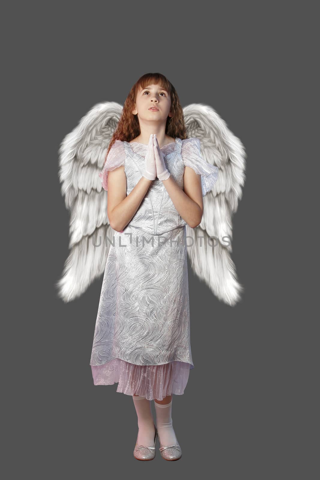 Girl with angel wings on gray background.