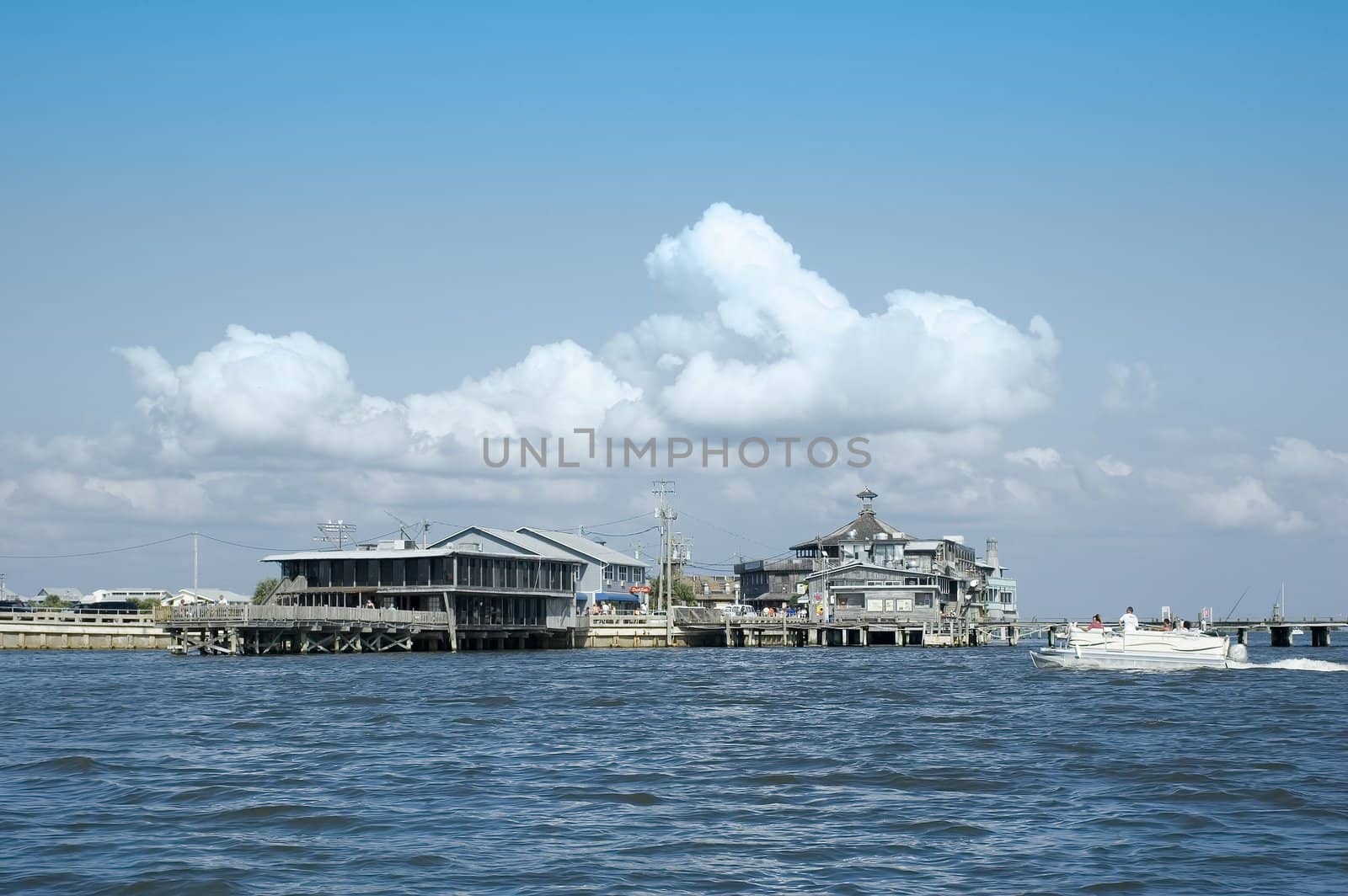 The waterfront at Cedar Key, Florida from the channel in the Gulf of Mexico.