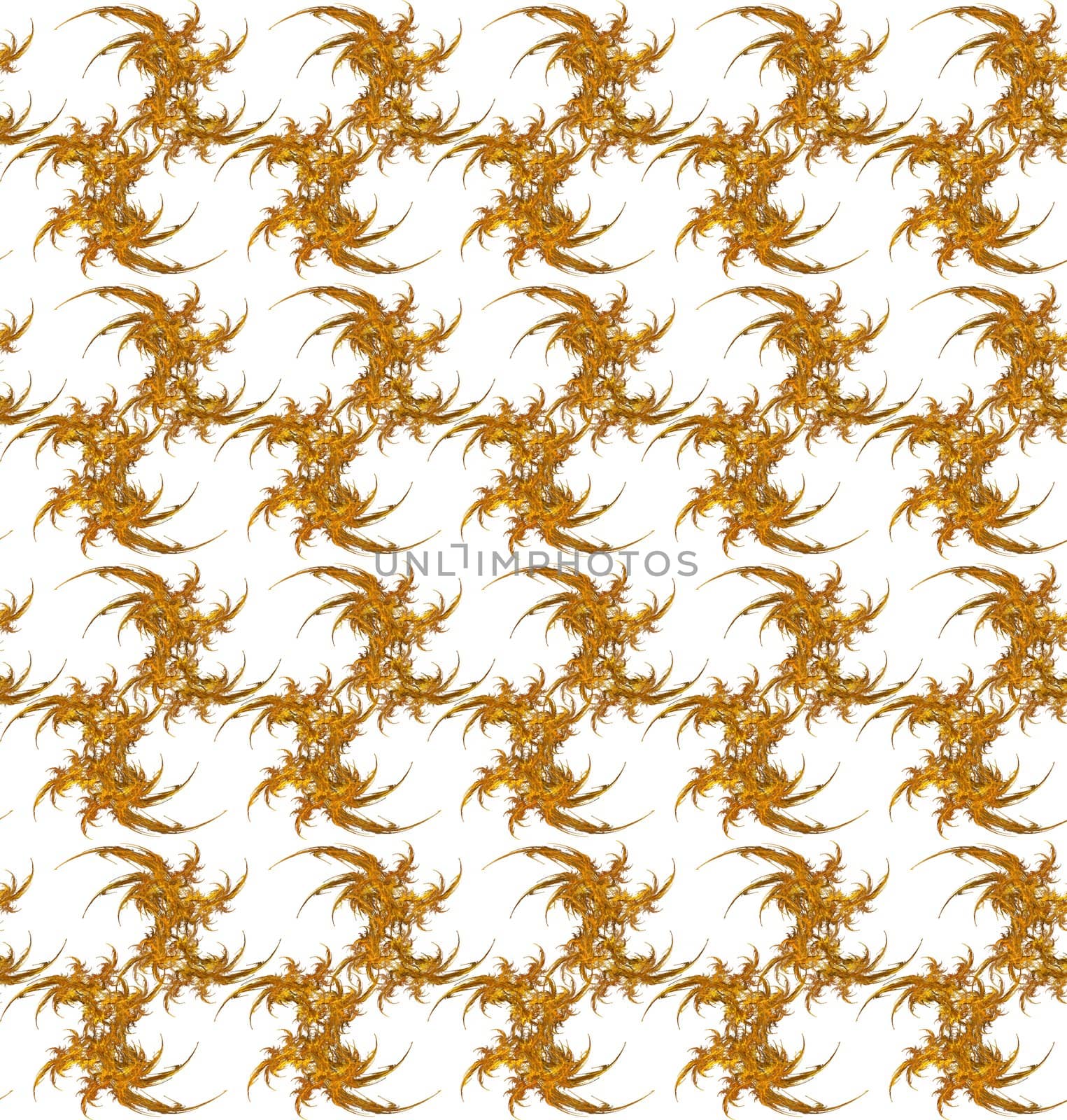 Repeating pattern of feathery fractal motifs on a white background