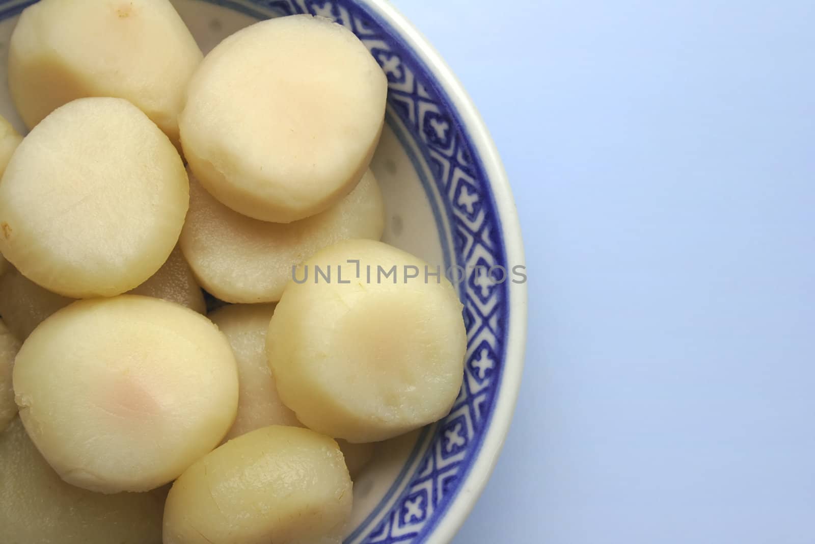 Peeled water chestnuts, tasty ingredients for a Chinese meal.
