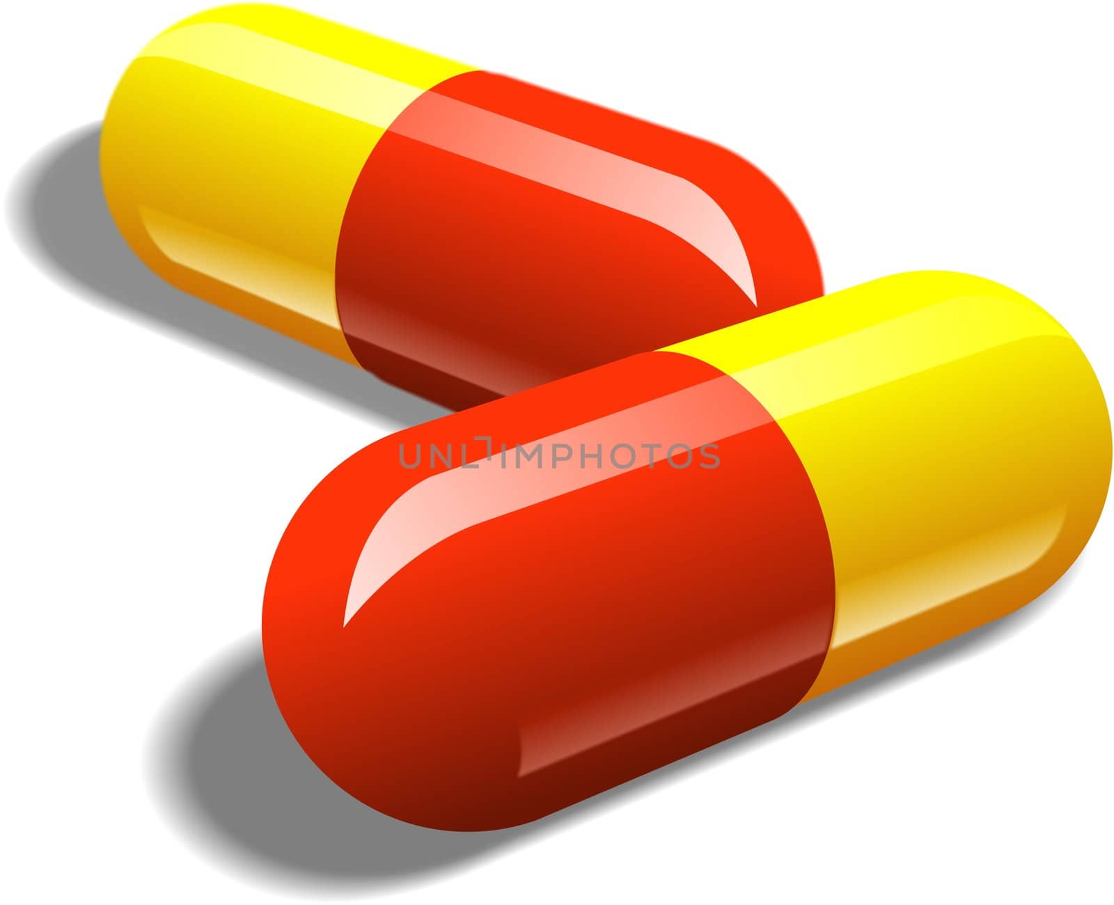 Two red-and yellow-colored pills.