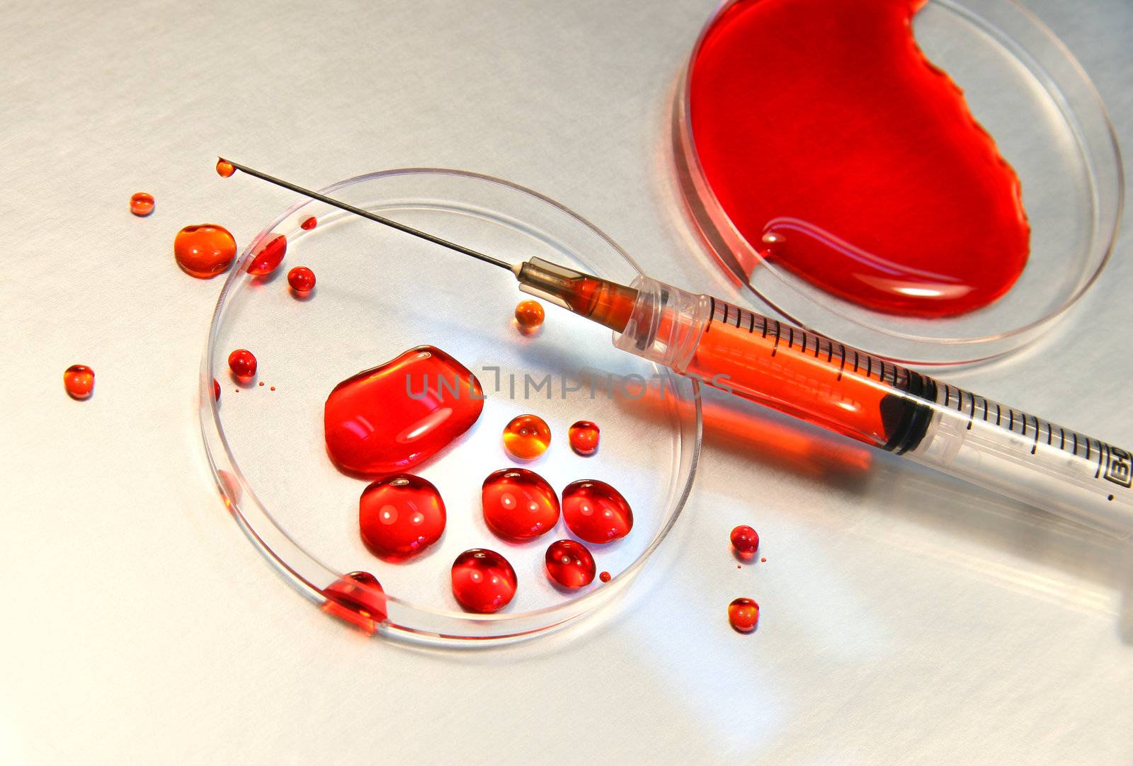 Blood in petri dish with syringe