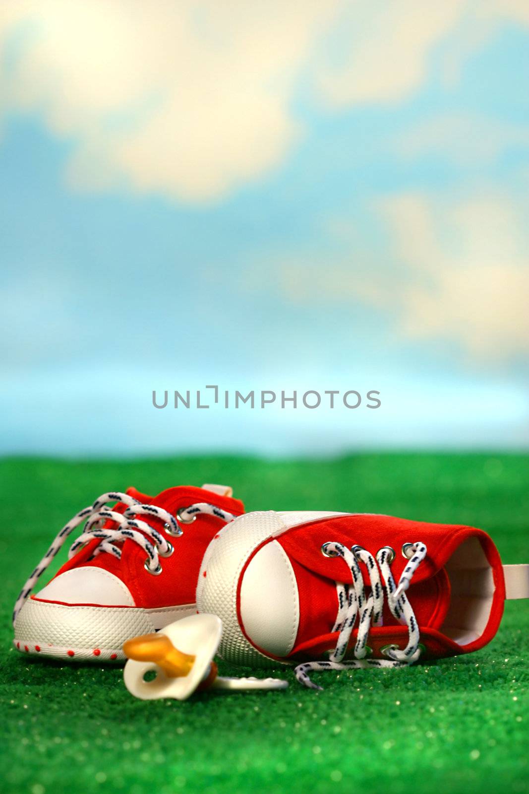 Baby shoes with pacifier on the grass by Sandralise