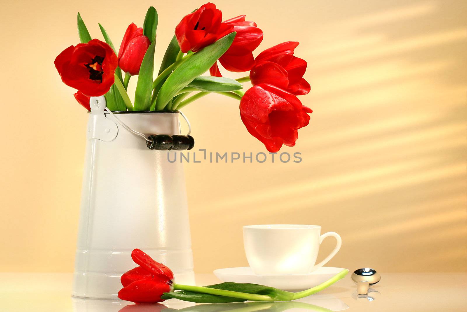 Red tulips in white container with tea cup