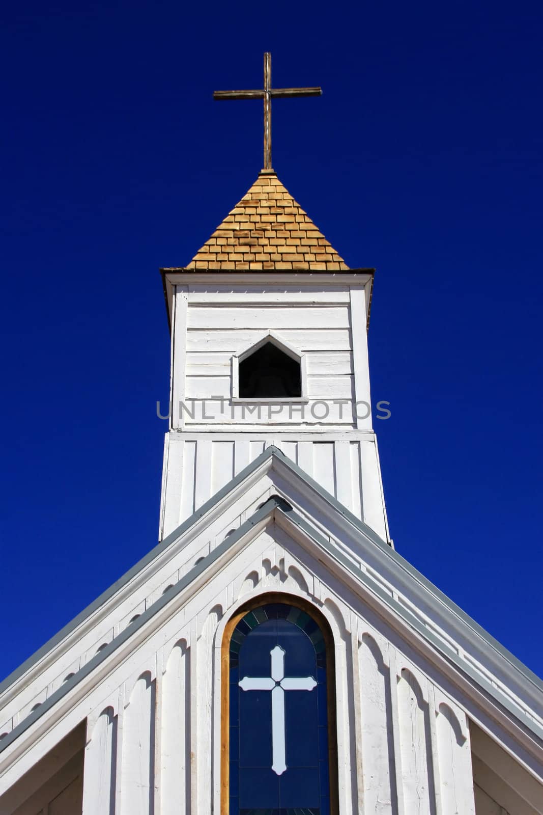 Vintage white church in Arizona desert.