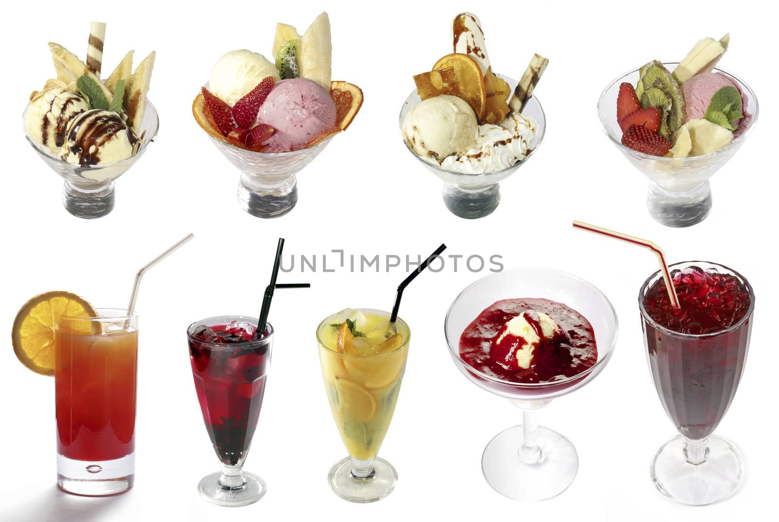 Cocktails and ice-creams mix on white background. Full size 6800x4550 pix