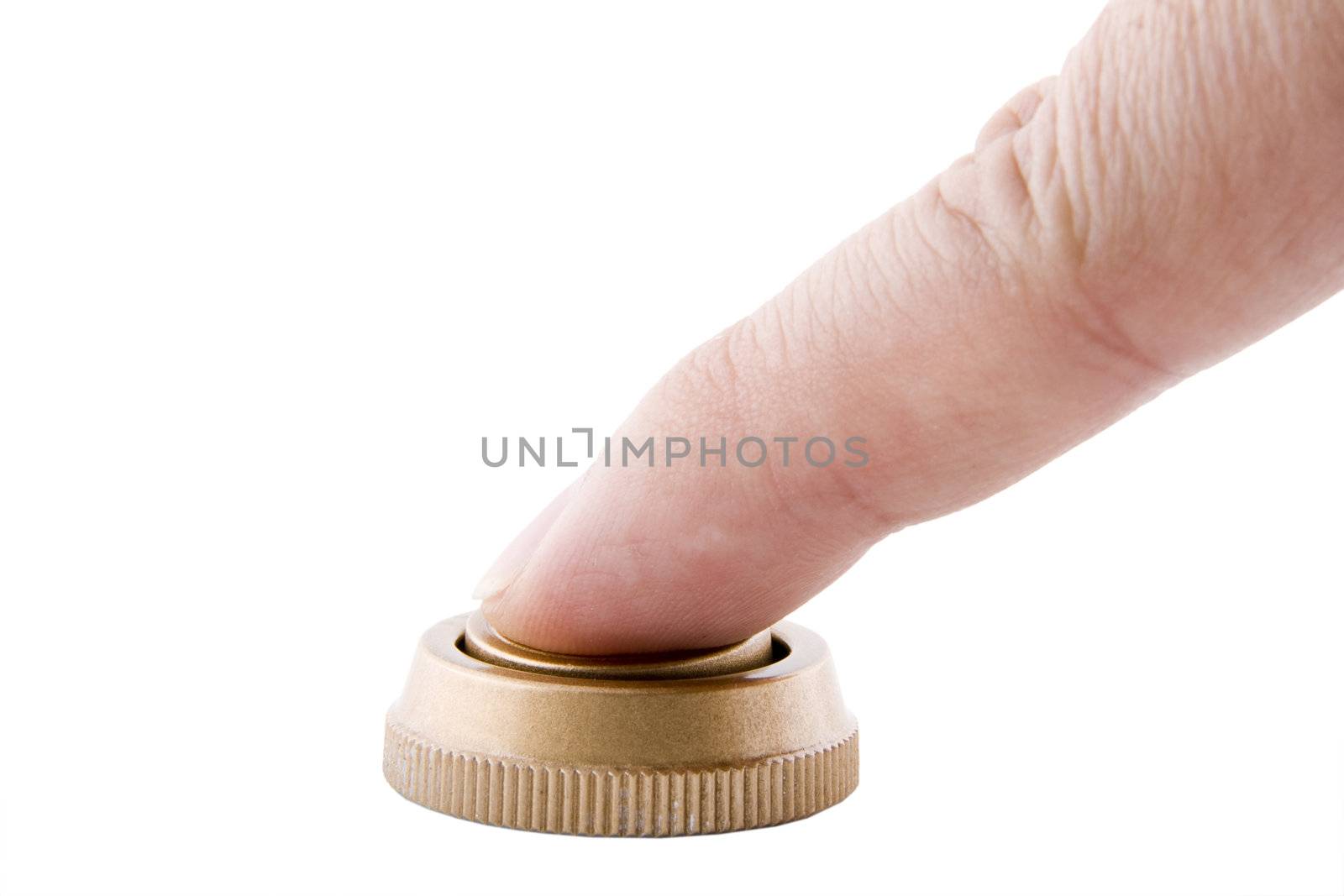 a finger pressing a button on white background