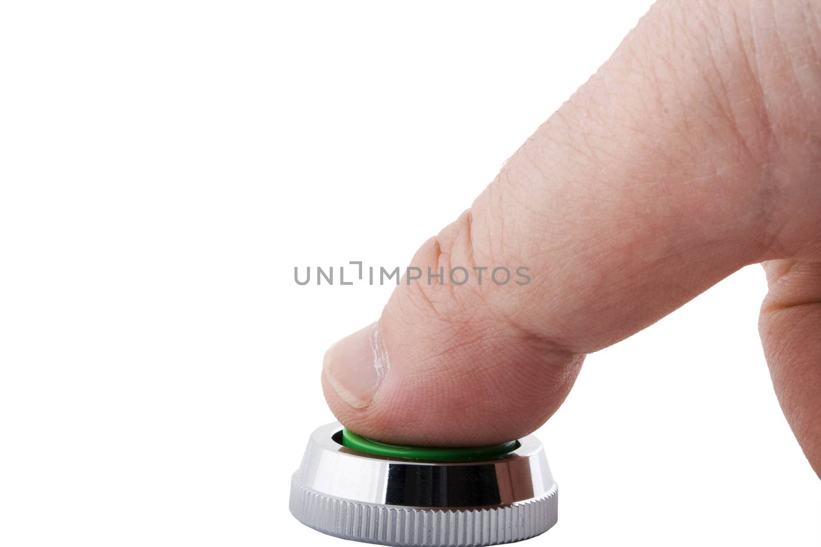 a finger pressing a button on white background