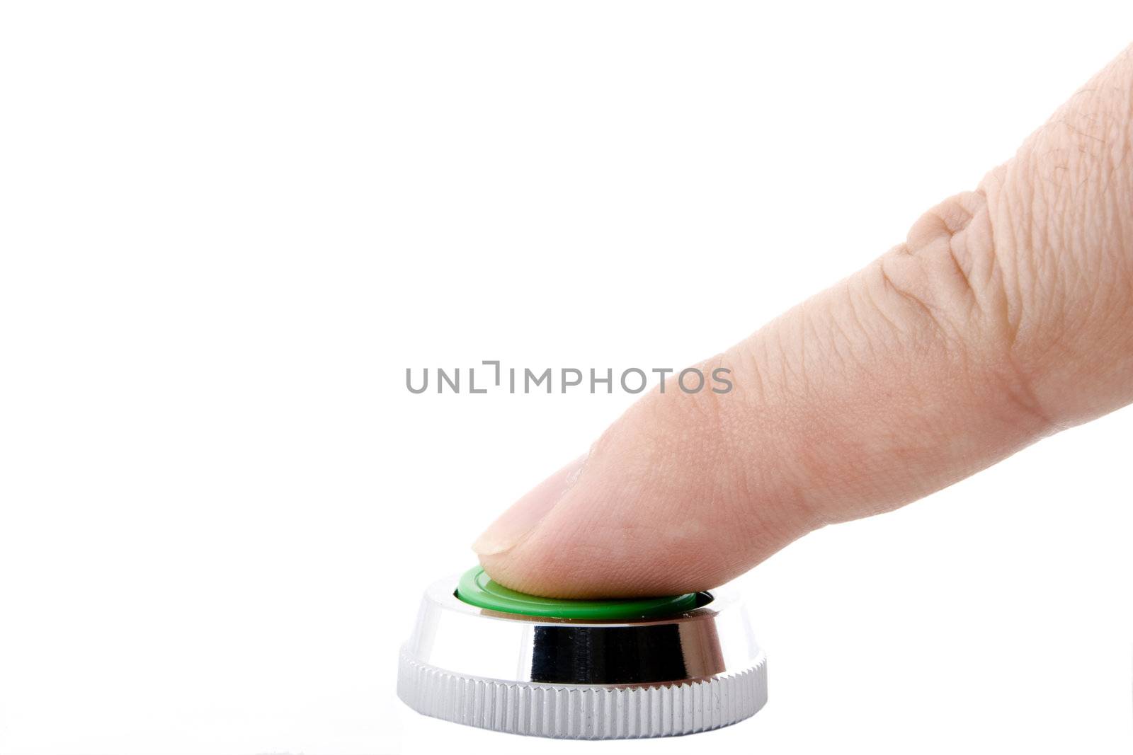 a finger pressing a green button on white background