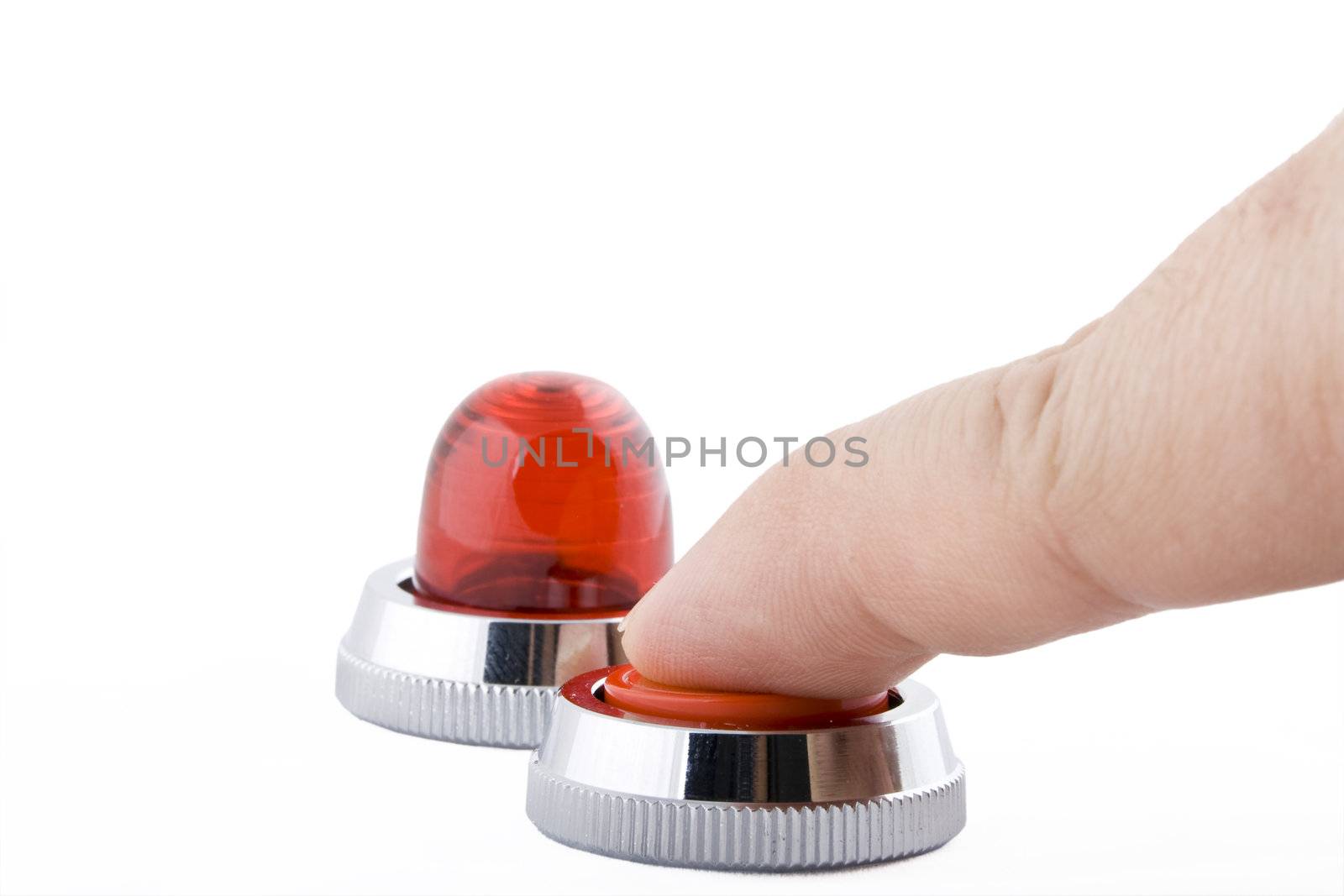 a finger pressing a red button on white background
