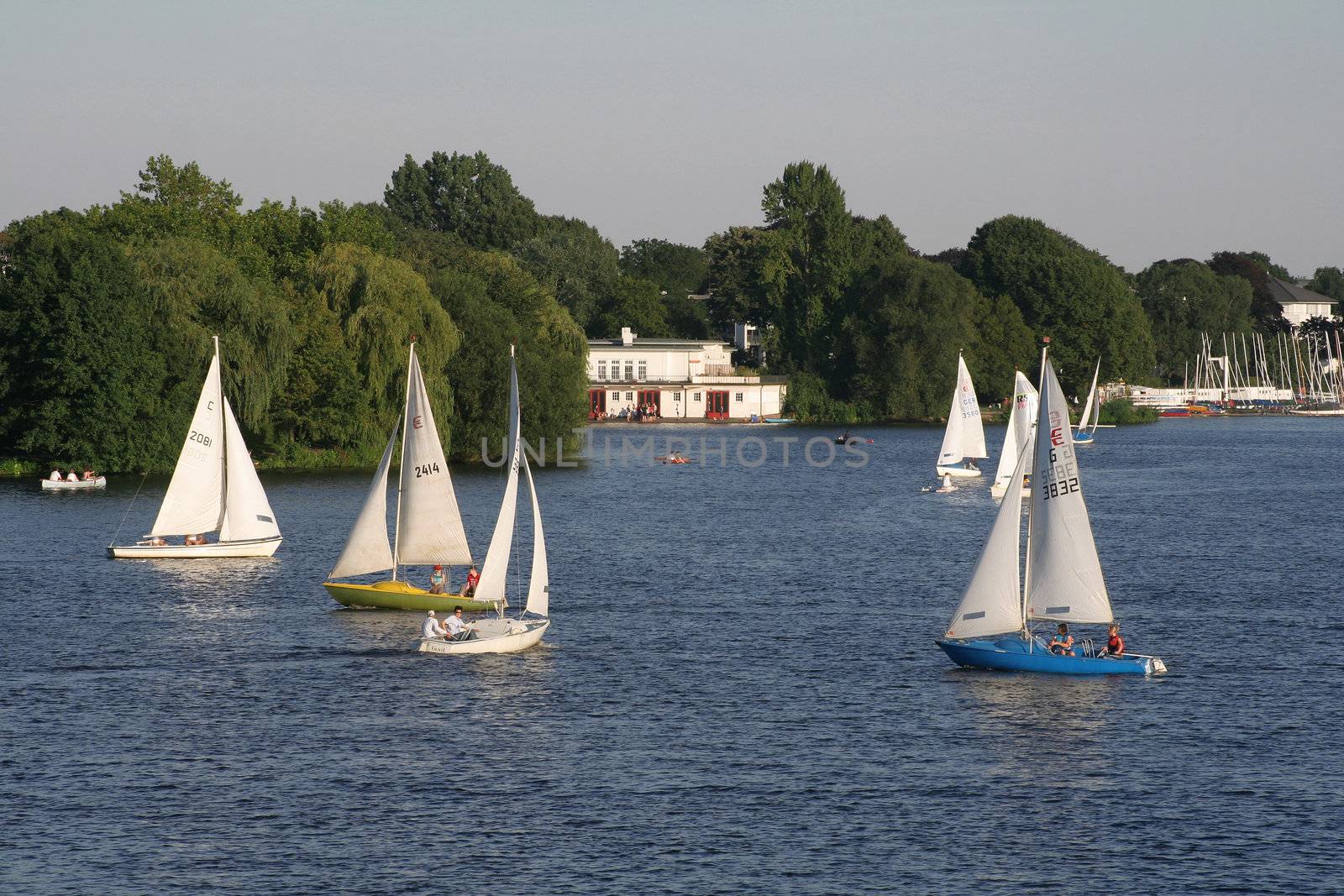 Leisure sailboats on Hamburg's Alster lake on a sunny afternoon in August 2007.