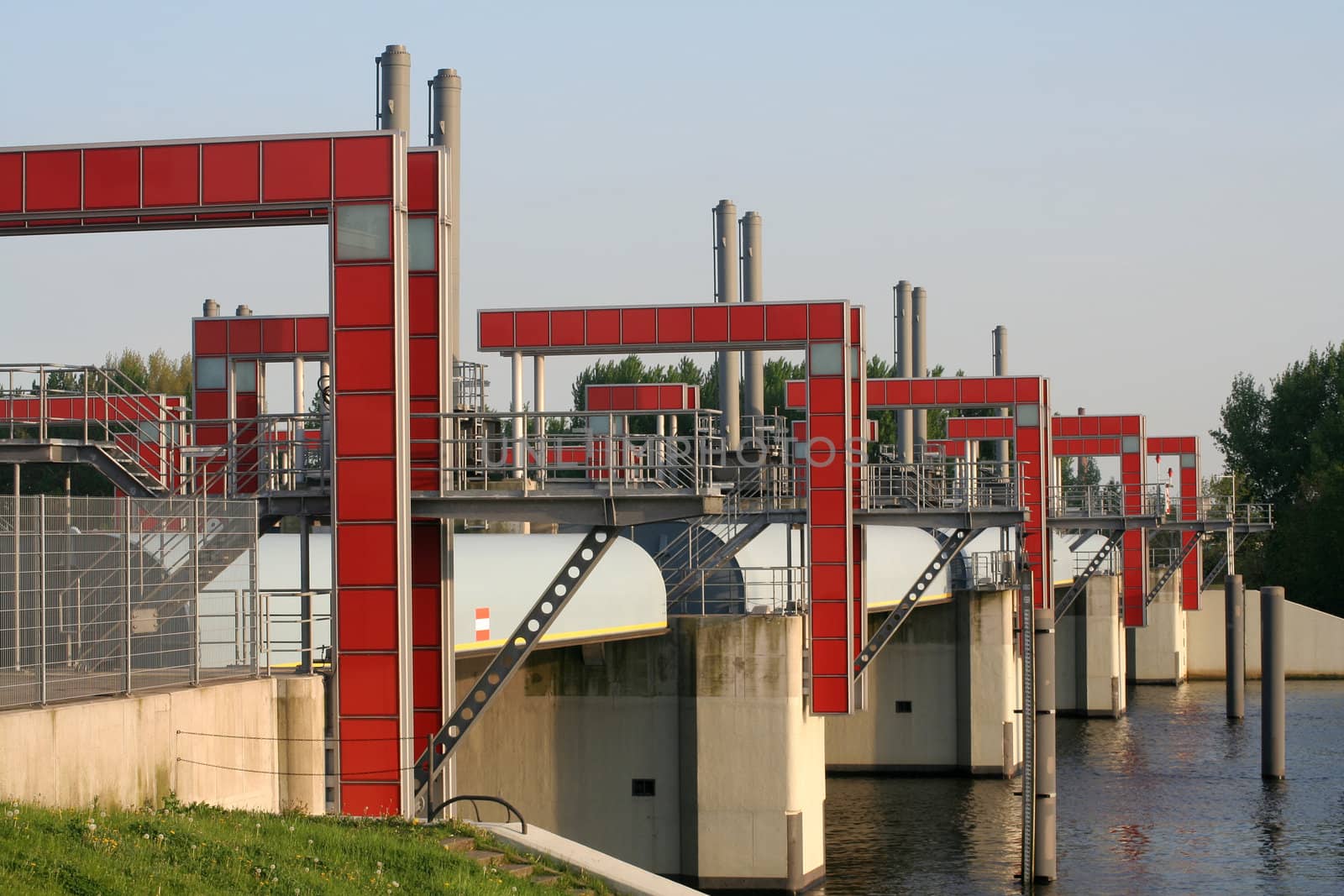 Modern water barrier / flood protection in the Billwerder Bucht in Hamburg-Rothenburgsort, Germany.