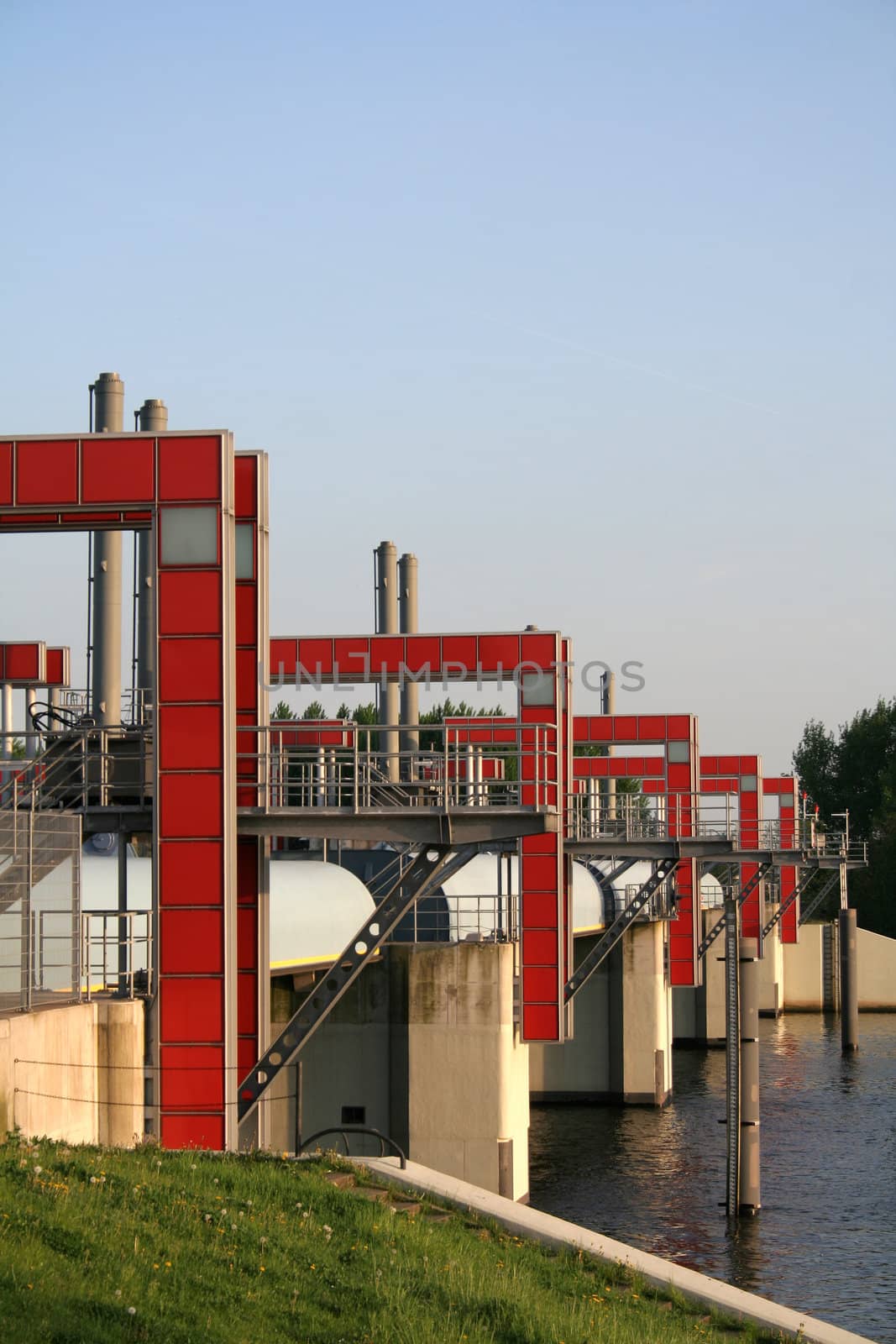 Modern water barrier / flood protection in the Billwerder Bucht in Hamburg-Rothenburgsort, Germany. 
