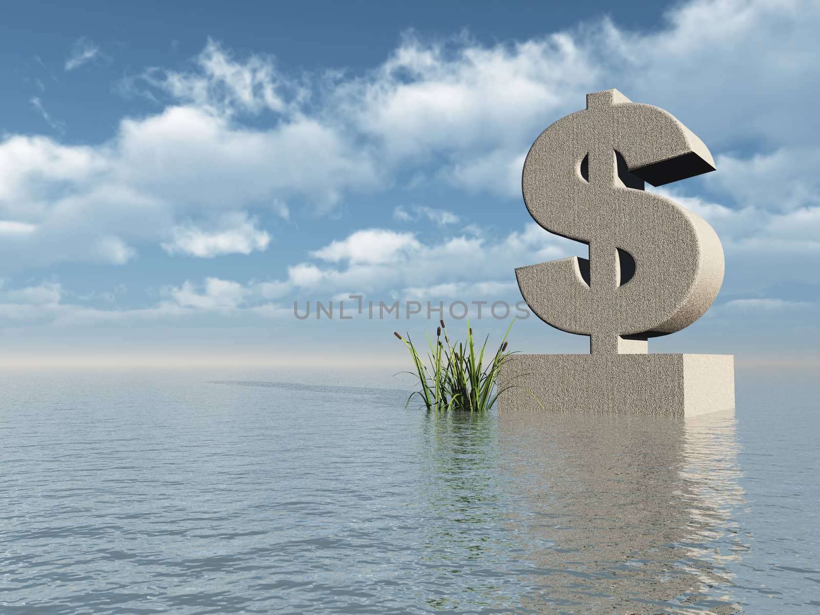 dollar symbol monument at the ocean - 3d illustration