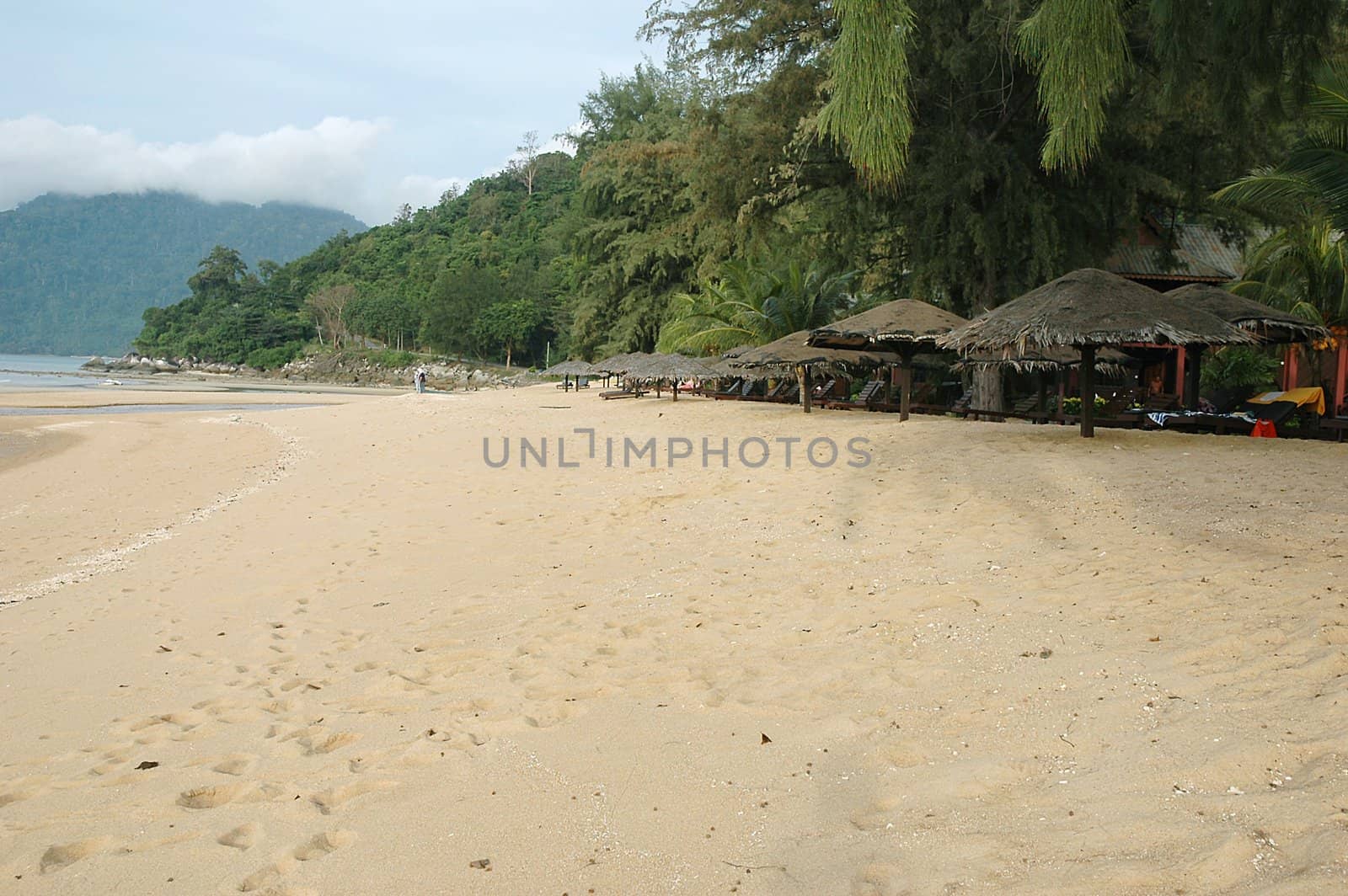 Beach huts on a sandy tropical beach