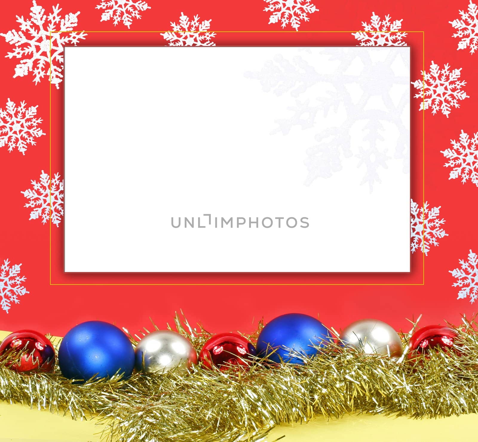 Christmas form decoration: varicoloured balls and white snowflakes on red background