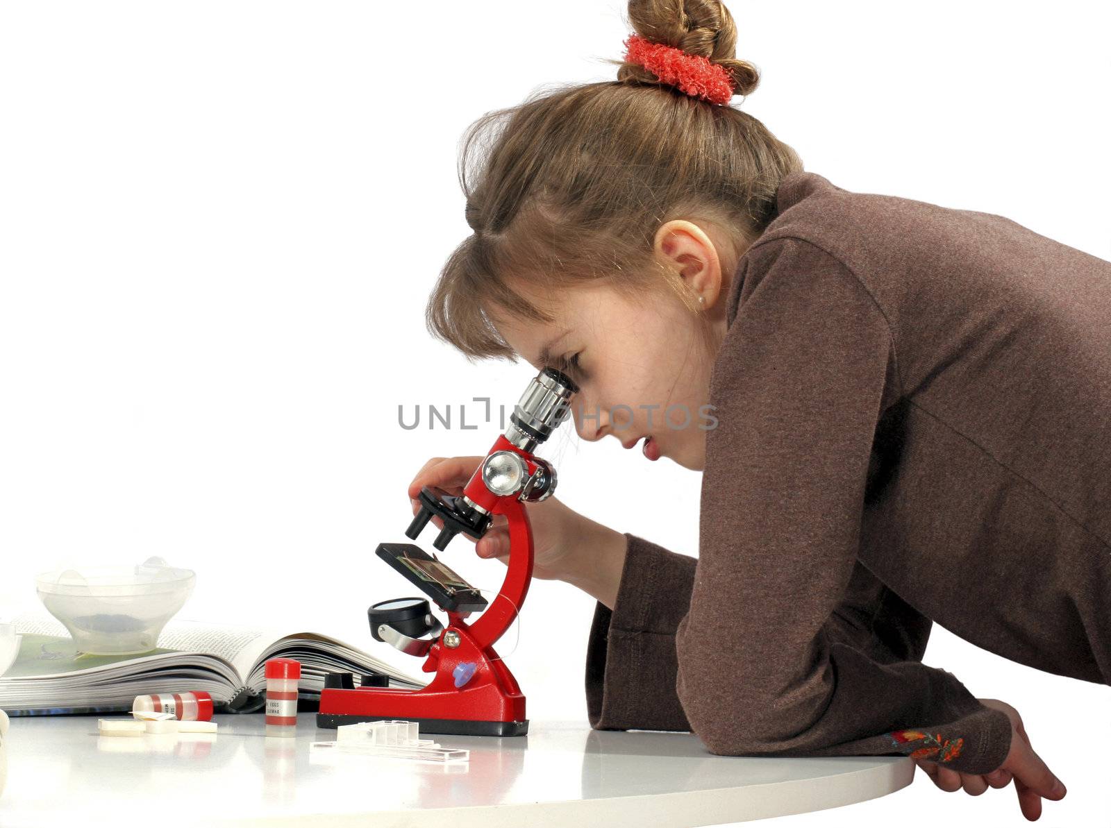Girl peers into microscope studies construction of the hutch