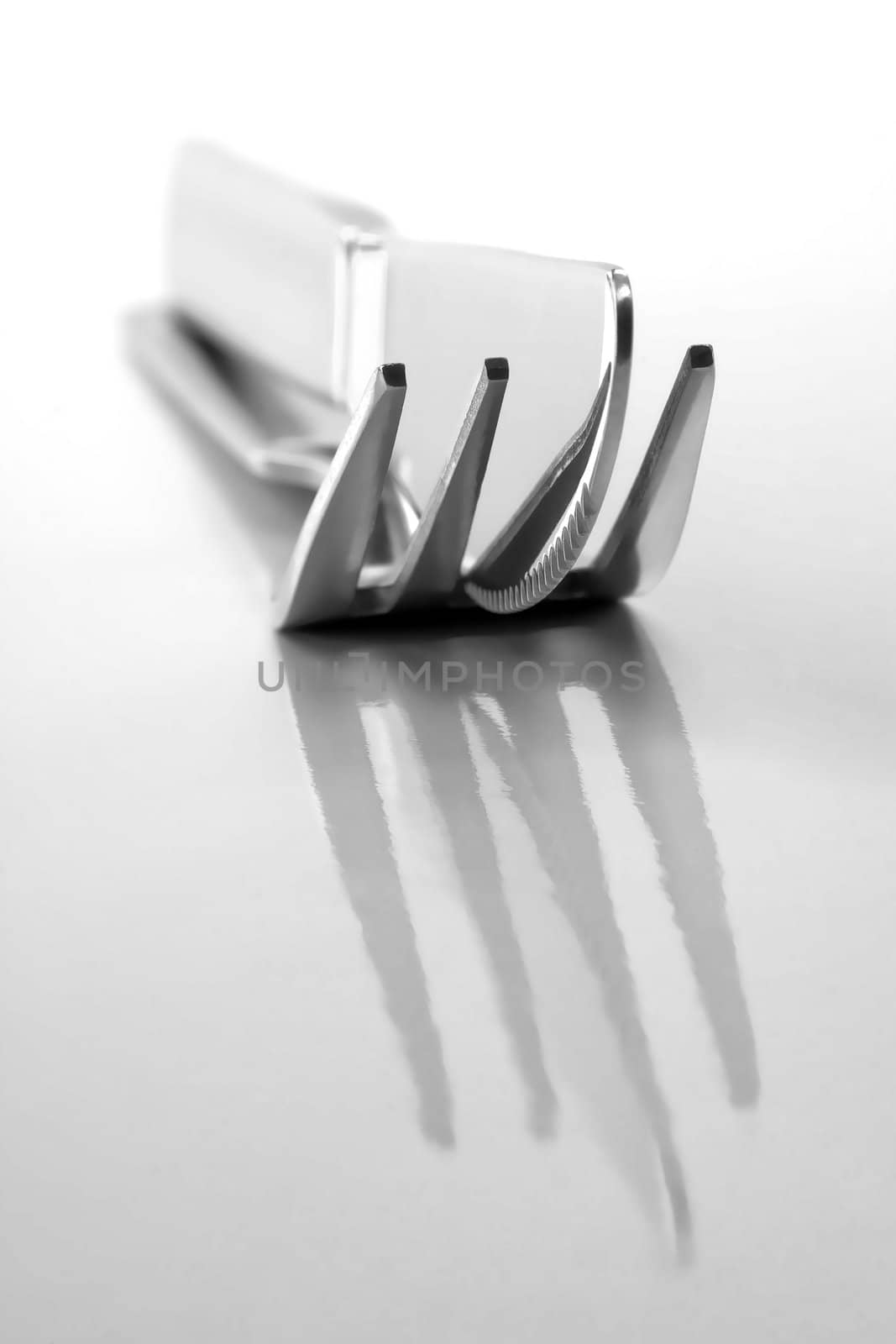 Fork and knife on white background in close-up view.