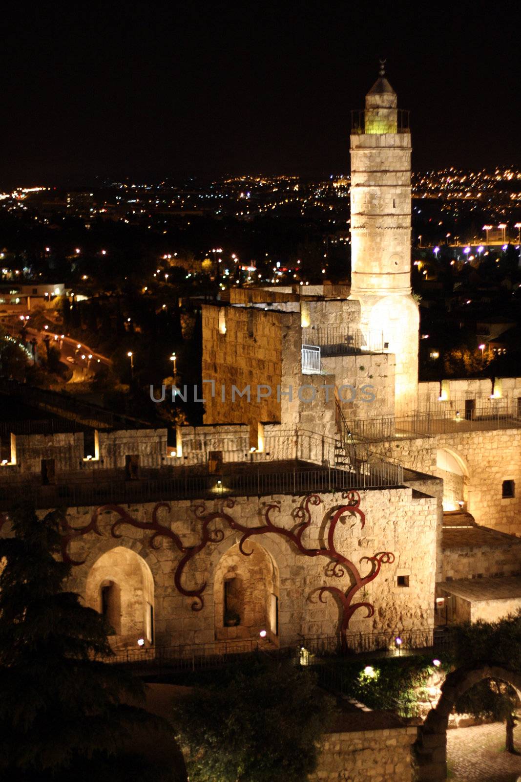 Night view of the david tower in the old city of Jerusalem