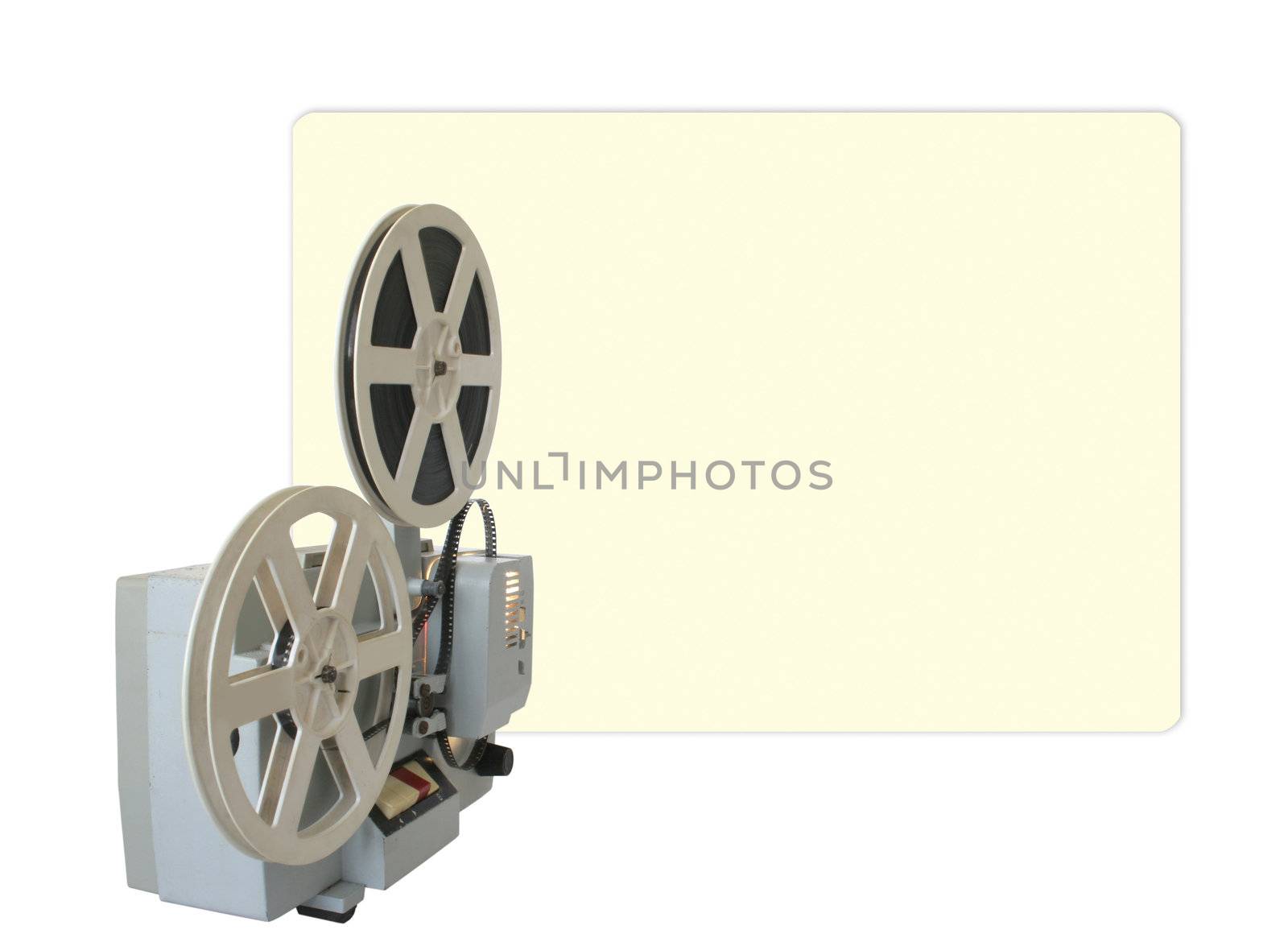 Operational cinema projector with projection on the wall. Isolated.