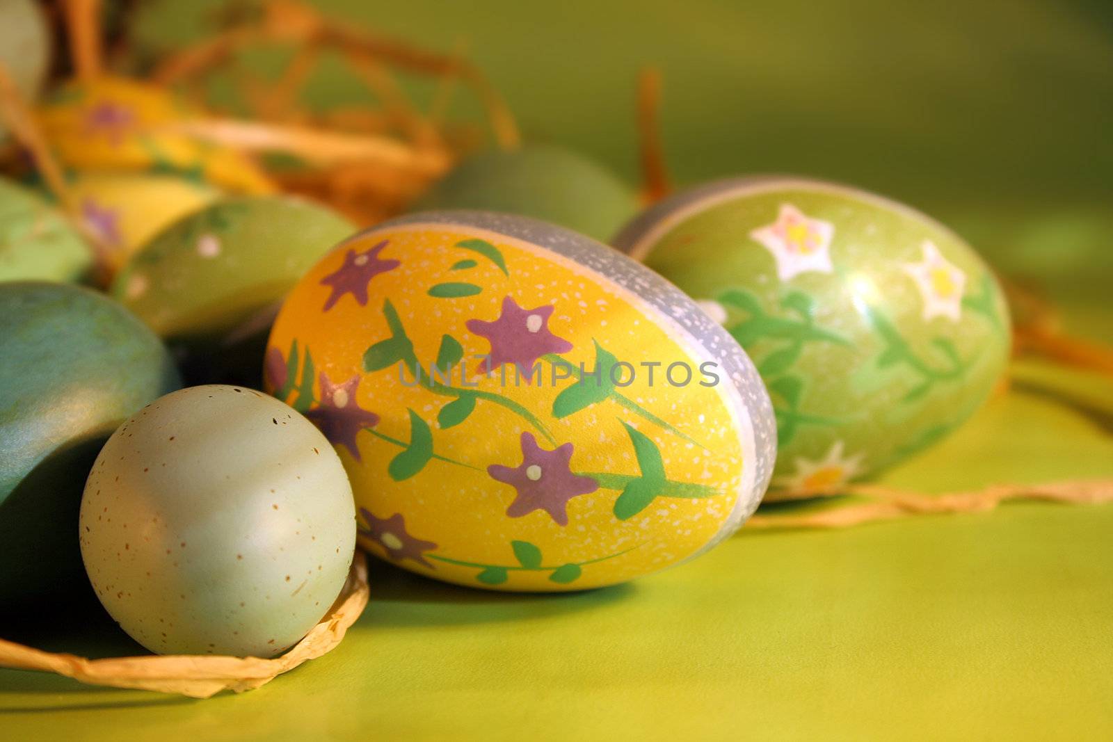 Decorated eggs on the counter by Sandralise
