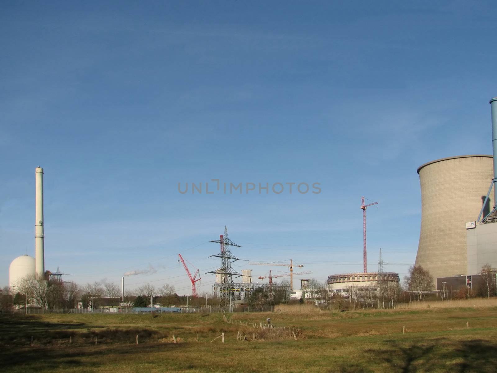 natural gas power plant on the right and nuclear power plant on the left, Lingen, Germany, 2007