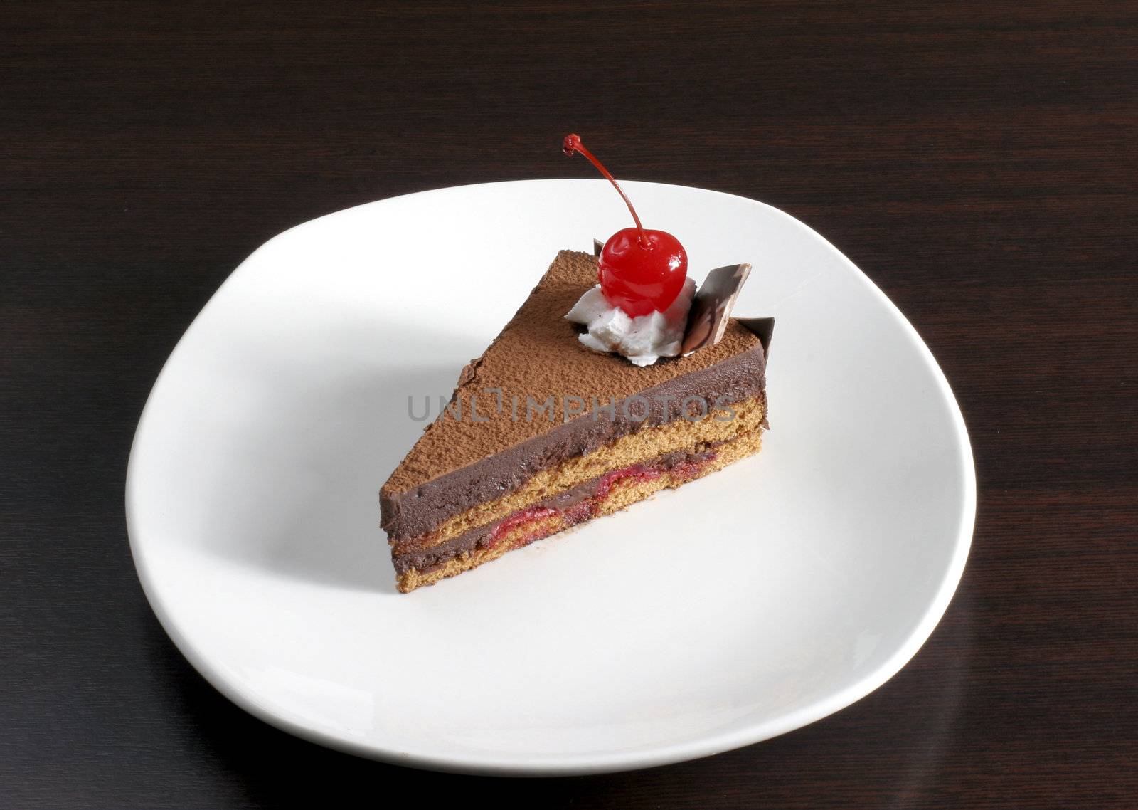 Slice of chocolate cake against dark background 