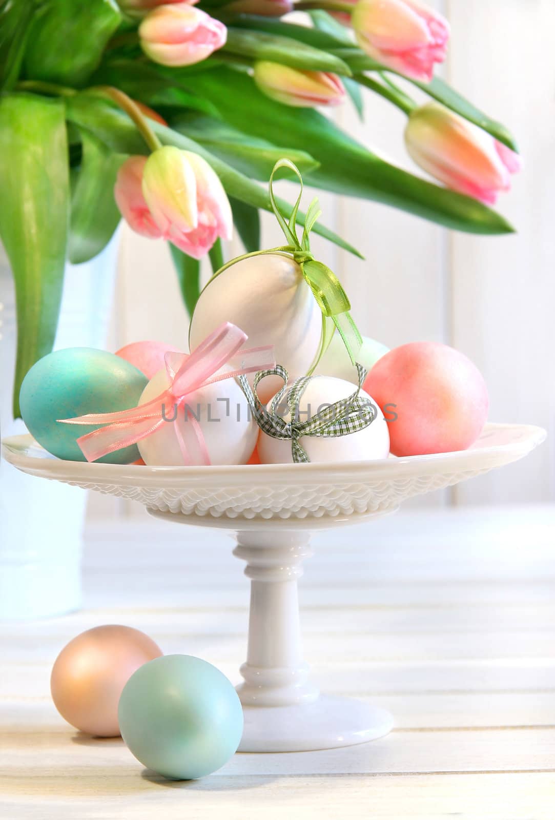 Colored eggs with bows and tulips by Sandralise