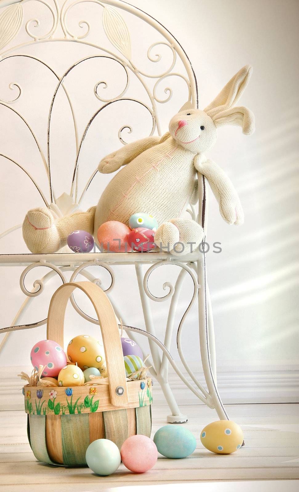 Stuffed rabbit on iron chair  by Sandralise